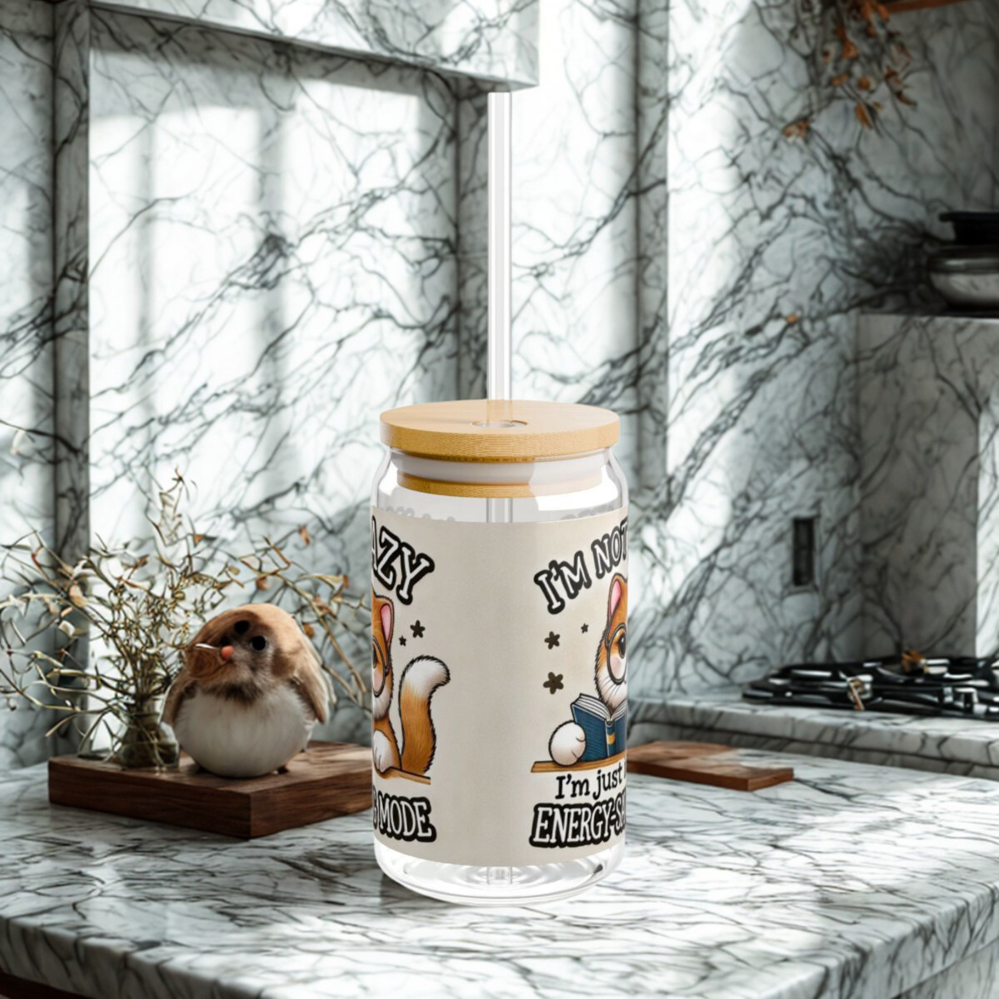 Funny Cat Glass Tumbler Im Not Lazy Im in Energy Saving Mode | 16oz Sipper Cup with Bamboo Lid And Straw | Cute Gift for Cat Lovers product thumbnail image