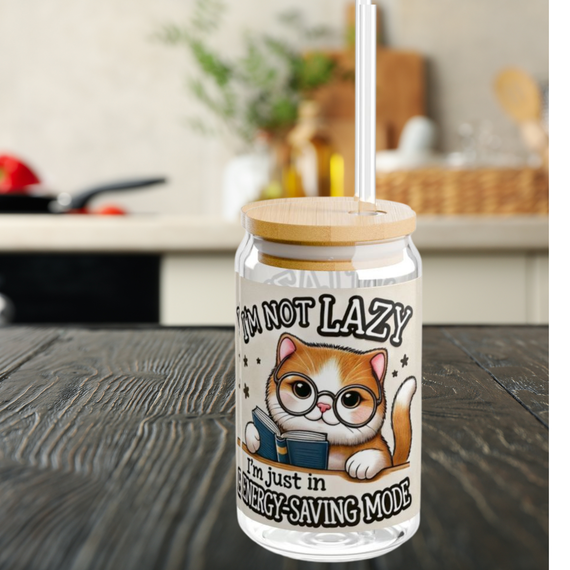 Funny Cat Glass Tumbler Im Not Lazy Im in Energy Saving Mode | 16oz Sipper Cup with Bamboo Lid And Straw | Cute Gift for Cat Lovers product thumbnail image