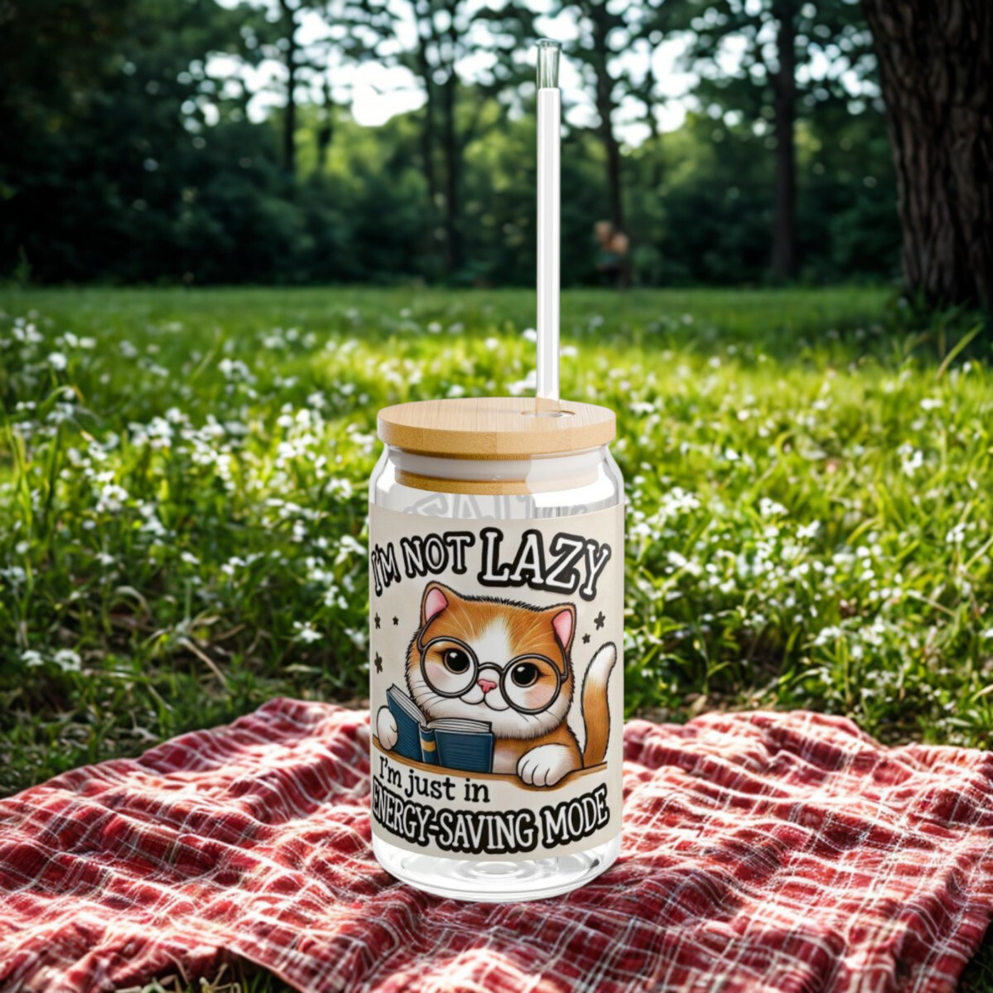 Funny Cat Glass Tumbler Im Not Lazy Im in Energy Saving Mode | 16oz Sipper Cup with Bamboo Lid And Straw | Cute Gift for Cat Lovers product thumbnail image