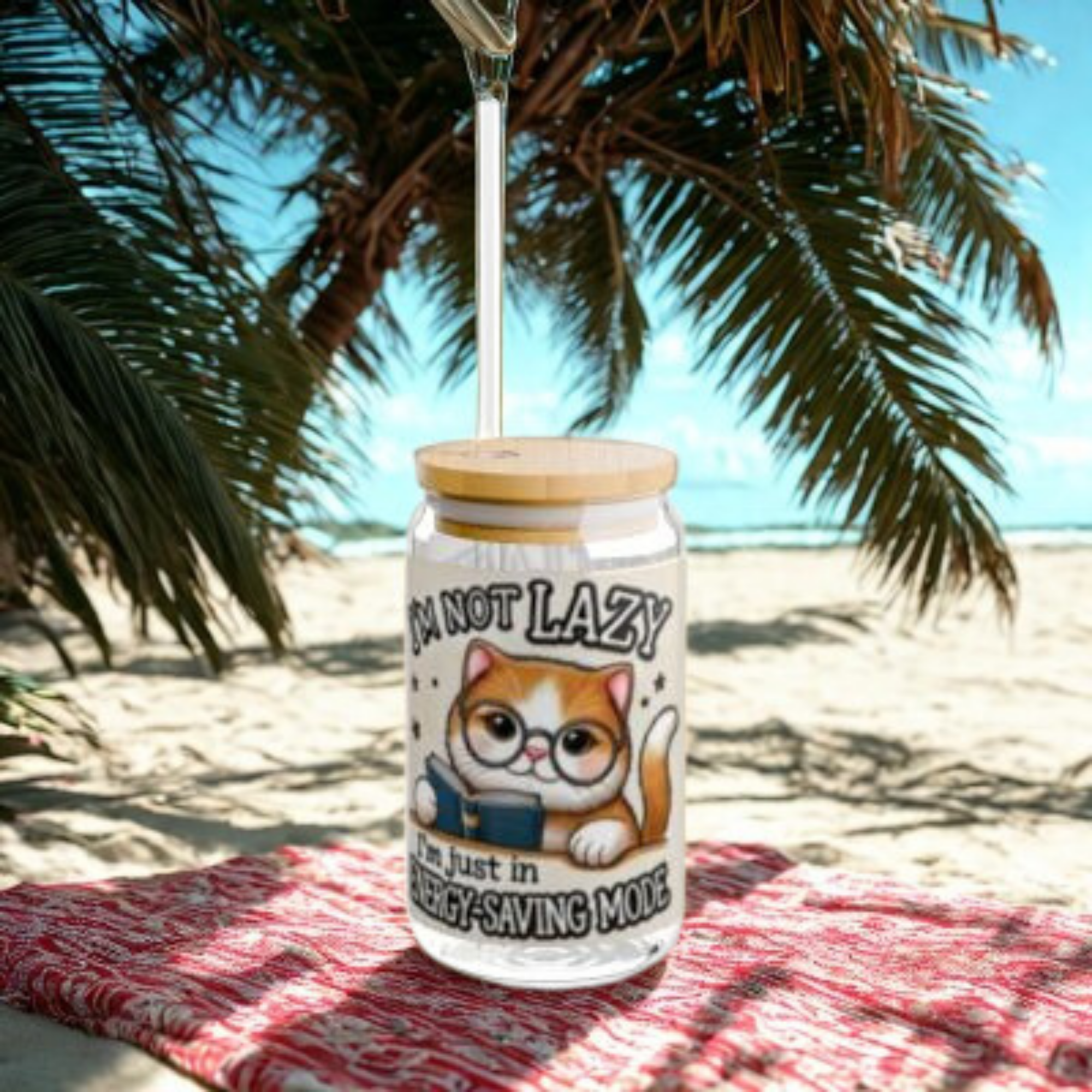 Funny Cat Glass Tumbler Im Not Lazy Im in Energy Saving Mode | 16oz Sipper Cup with Bamboo Lid And Straw | Cute Gift for Cat Lovers