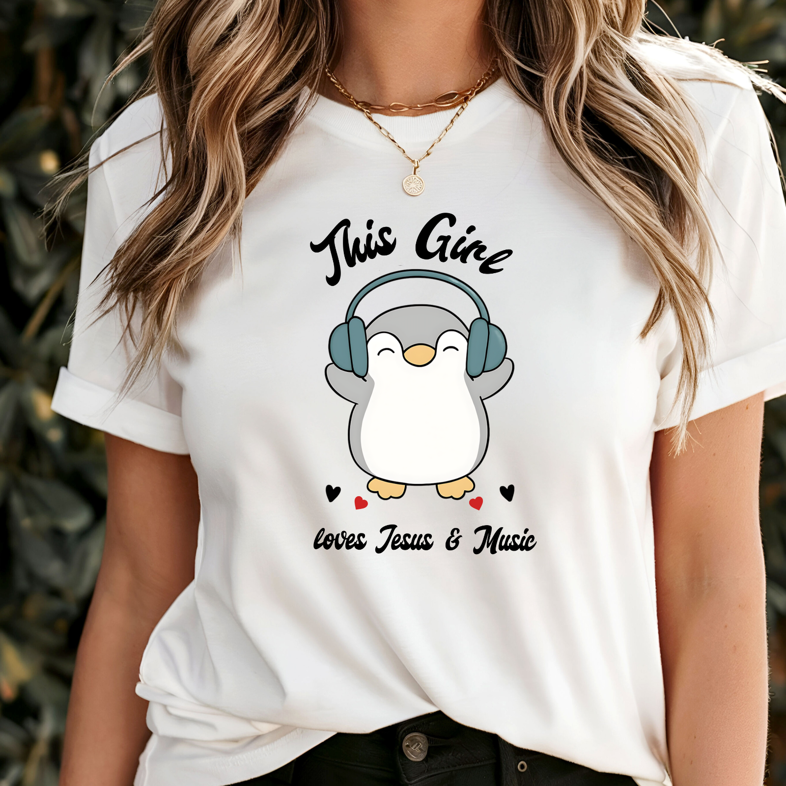This Girl Loves Jesus and Music Shirt – Cute Penguin with Headphones Christian T-Shirt for Women and Girls product thumbnail image