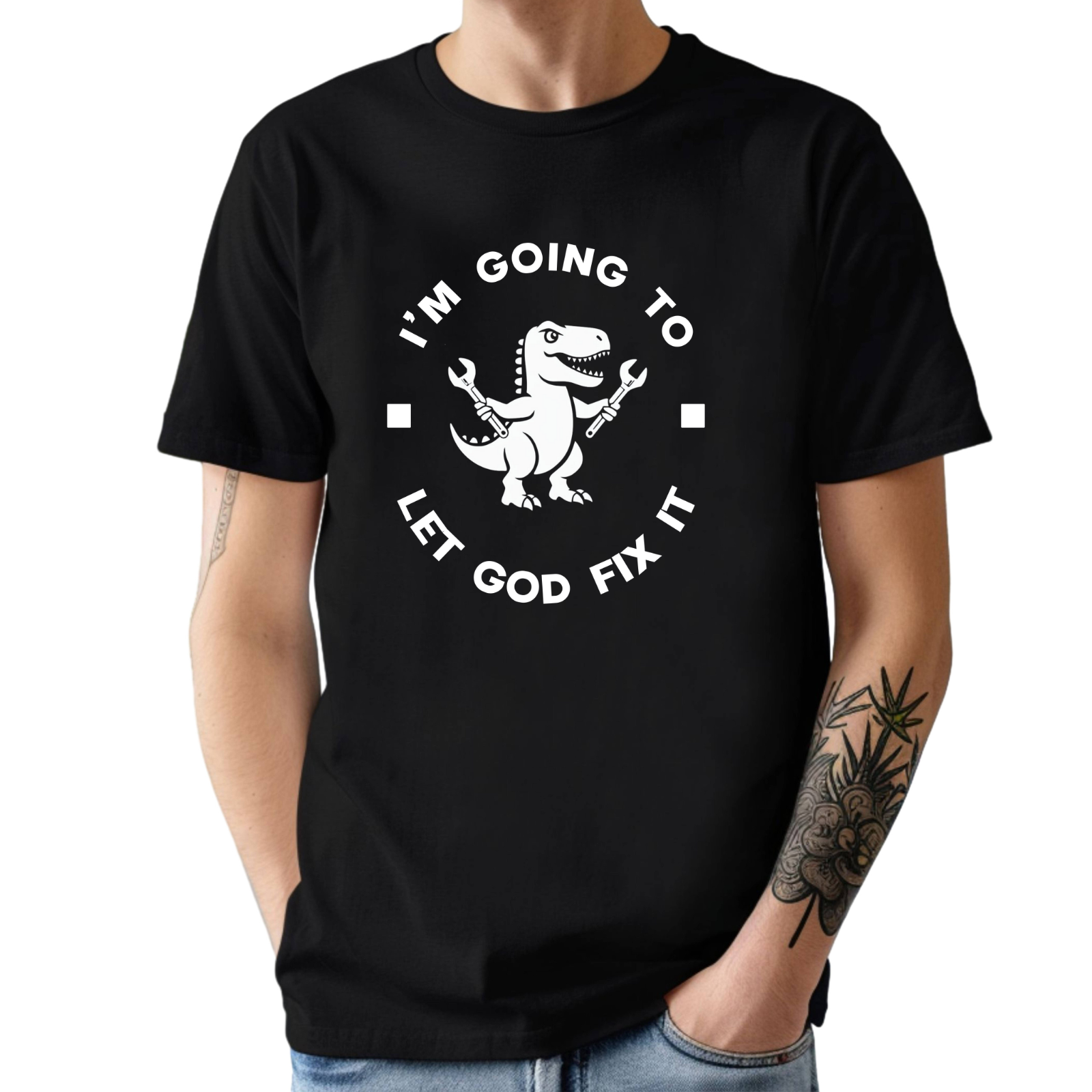 I'm Going To Let God Fix It T-Shirt – Inspirational Christian Graphic Tee With A Dinosaur And His Tools product thumbnail image