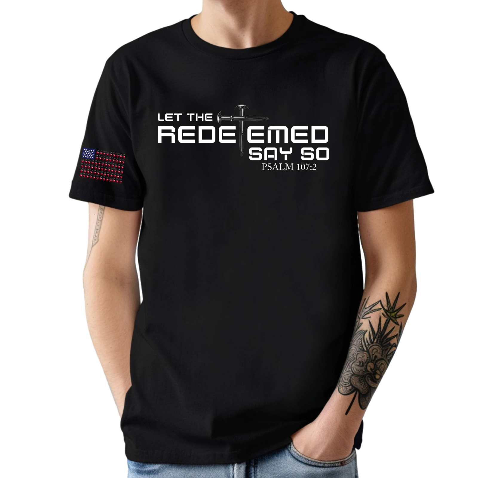Redeemed Christian T-Shirt for Men – Let the Redeemed Say So – Jesus Cross Nails Faith Tee – Psalm 107:2 Bible Verse Shirt product thumbnail image