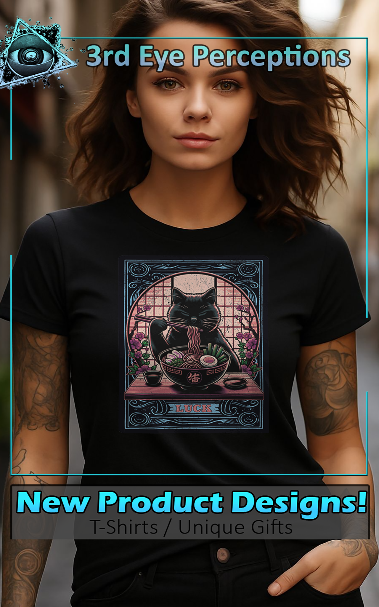 Vintage Zen Anime Lucky Cat Noodles Tee - Tarot Card Style Graphic Design product thumbnail image