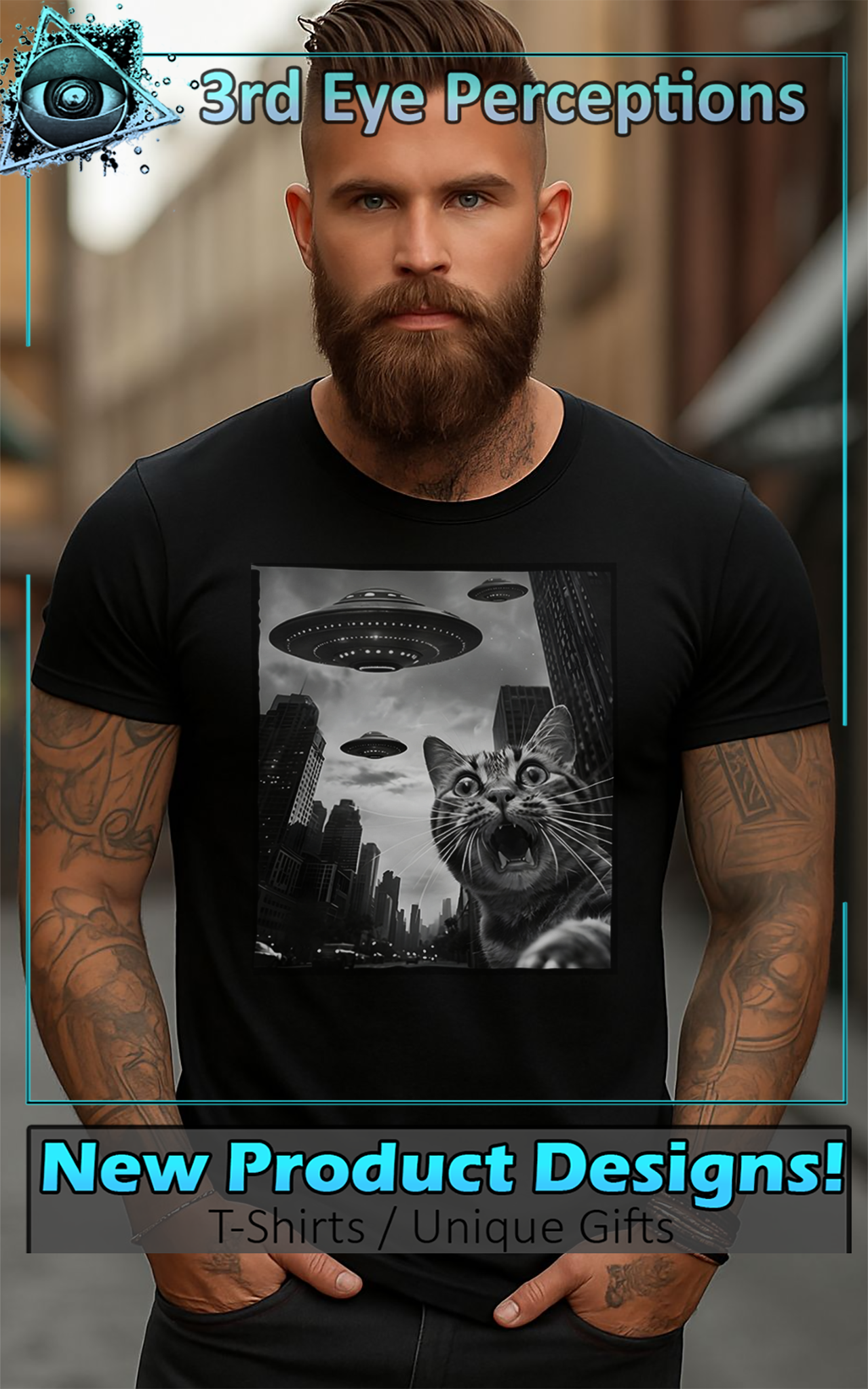 Cat City Selfie UFO Drone Invasion Tee