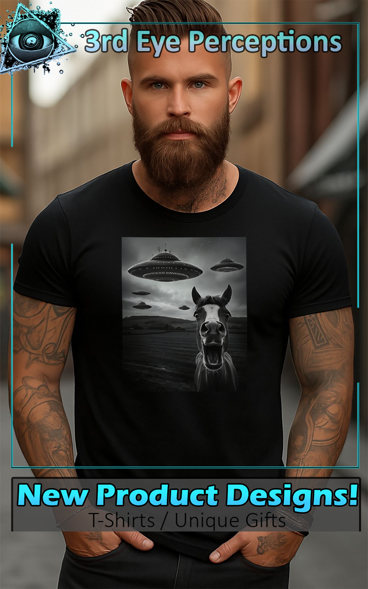 Funny Farm Horse Selfie UFO Drone Invasion Tee