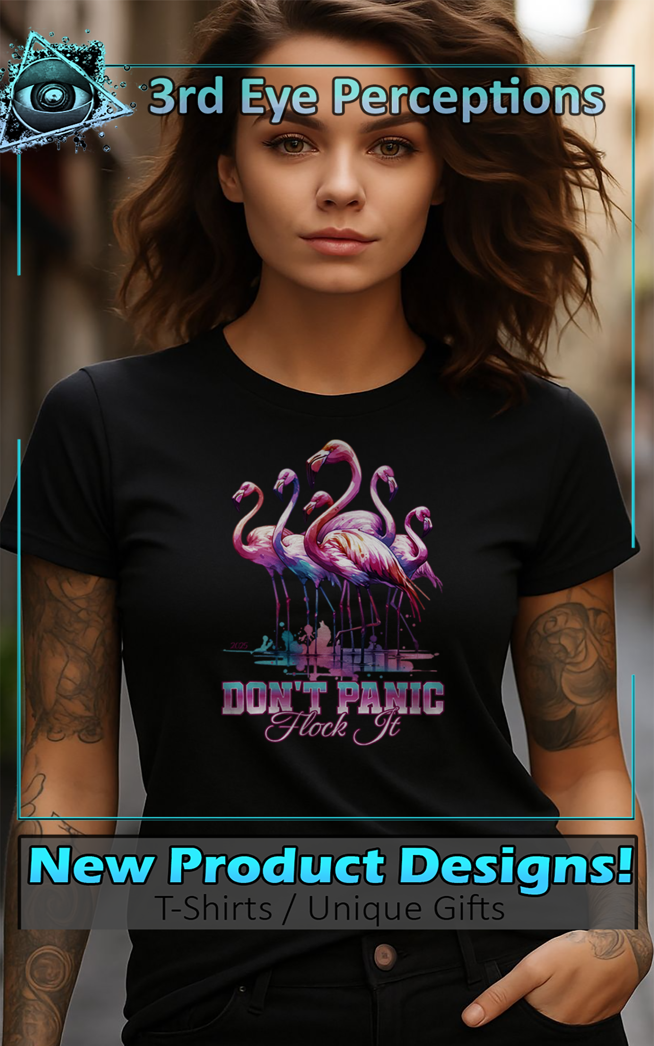 Funny Retro Flamingo Don't Panic Flock It Unisex Tee product thumbnail image