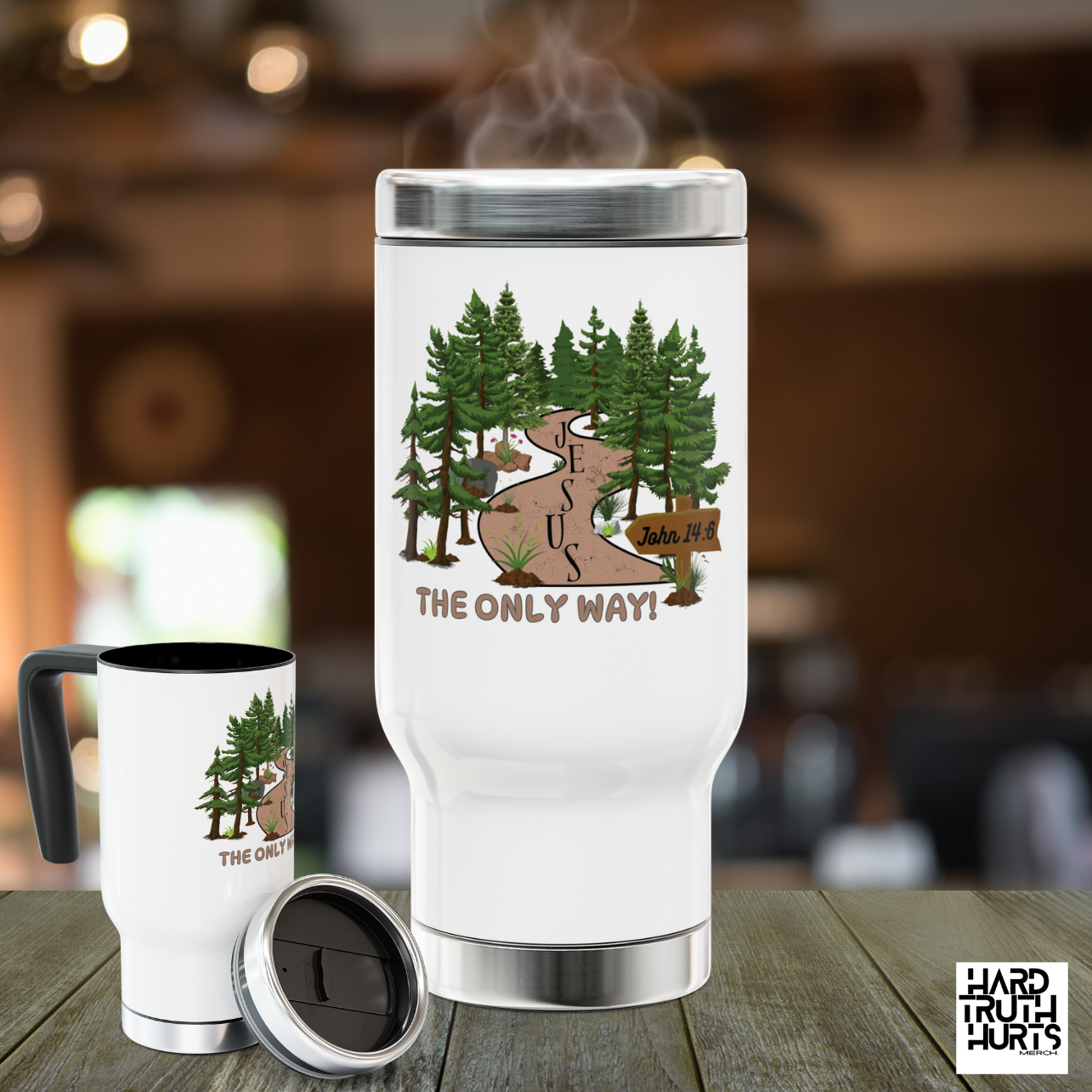 Jesus is THE ONLY WAY Stainless Steel Travel Mug with Handle, 14oz Jesus is THE ONLY WAY Stainless Steel Travel Mug with Handle, 14oz