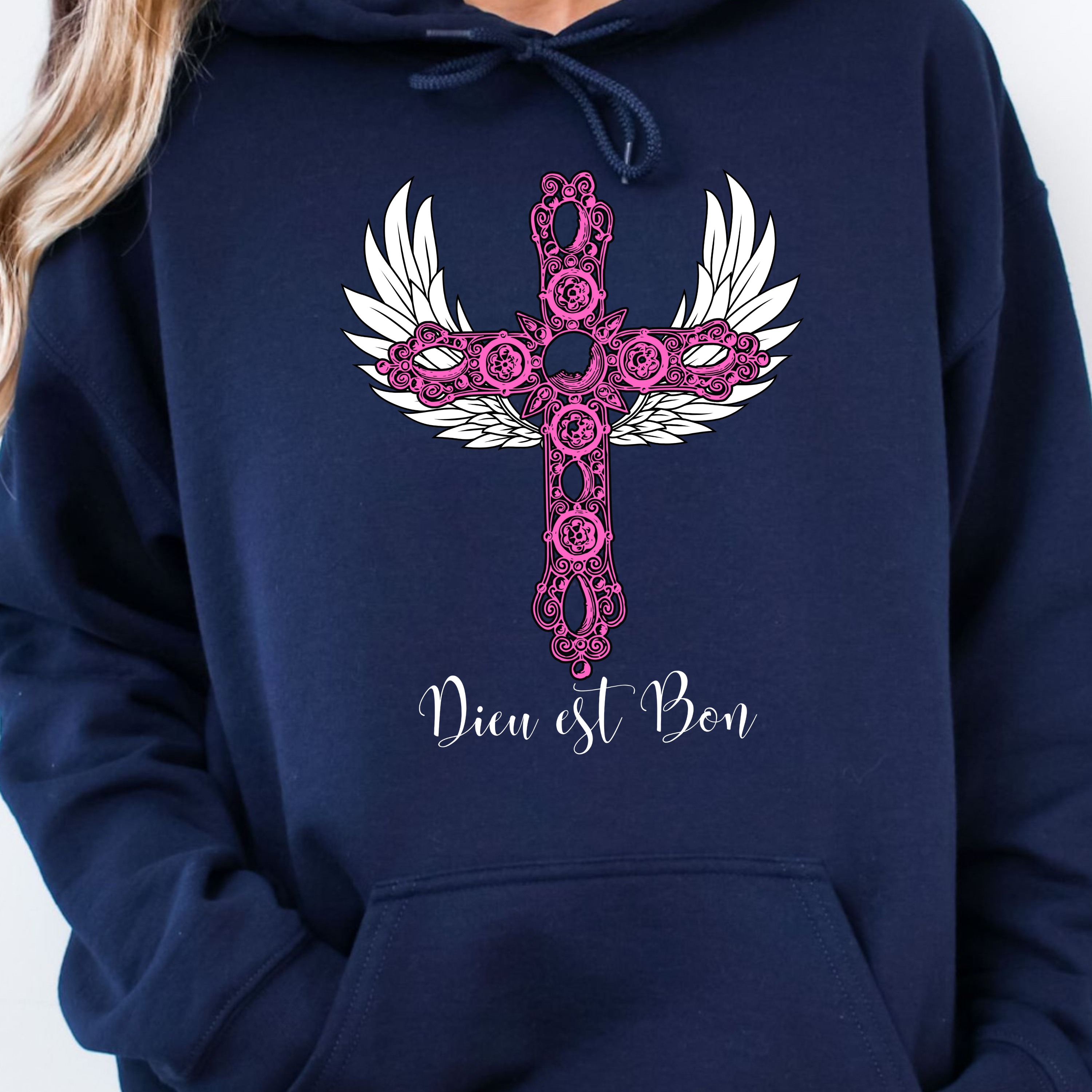 French - God is good “Dieu est bon” Sweatshirt, Cozy Religious Hoodie, Spiritual Gift, Cross Design, Perfect for Church or Casual Wear
