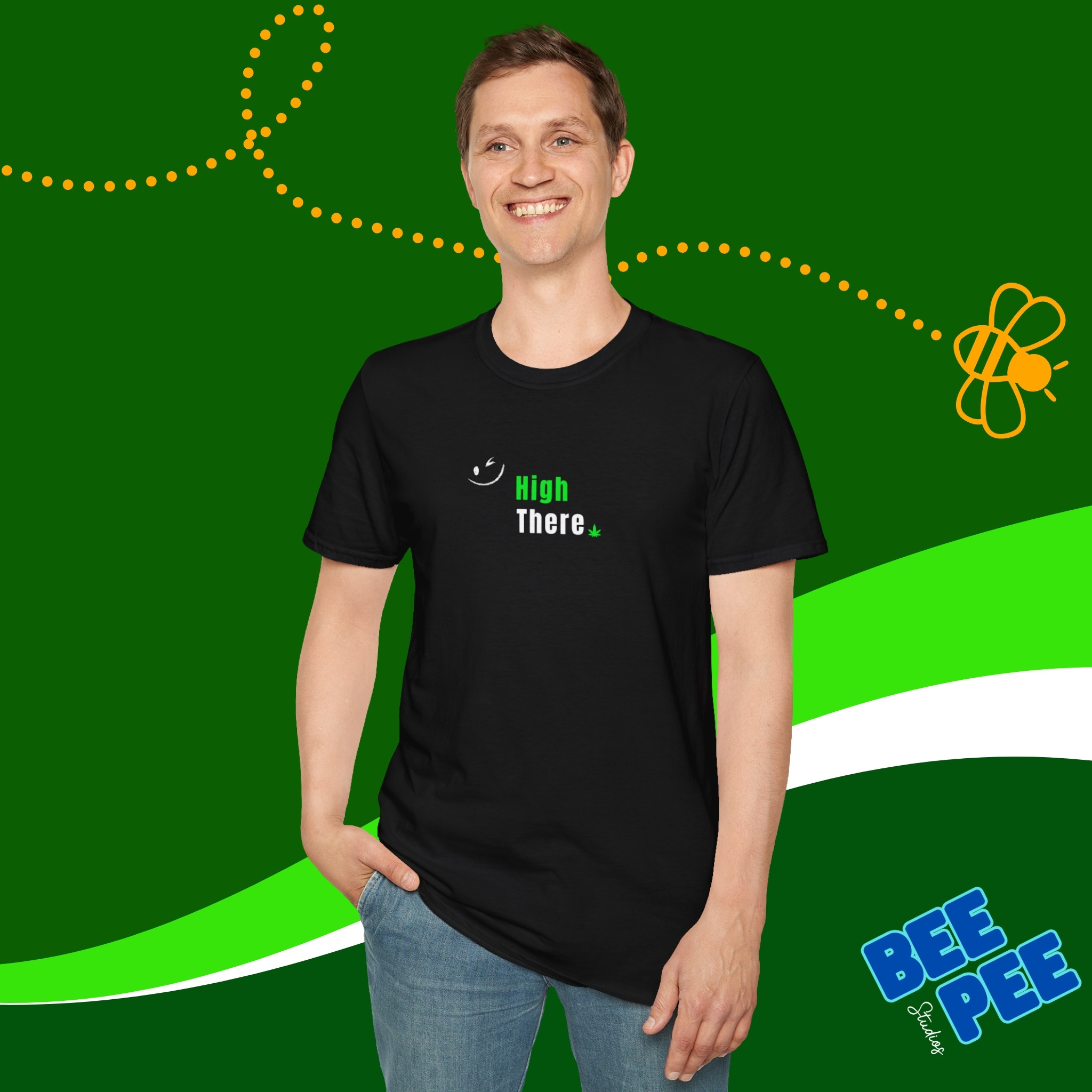 Funny Text Quote "High There" Green and White Unisex T-Shirt with Winking Emoji product thumbnail image Funny Text Quote "High There" Green and White Unisex T-Shirt with Winking Emoji product thumbnail image