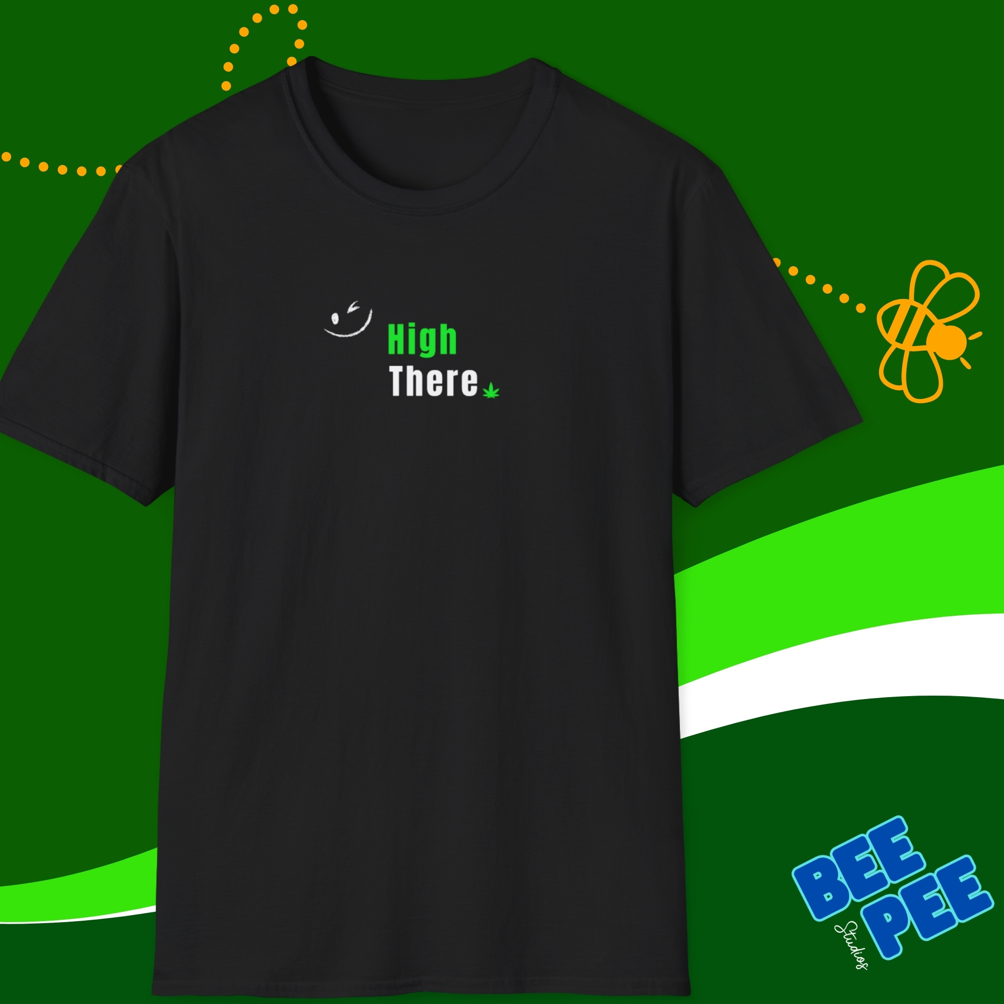 Funny Text Quote "High There" Green and White Unisex T-Shirt with Winking Emoji