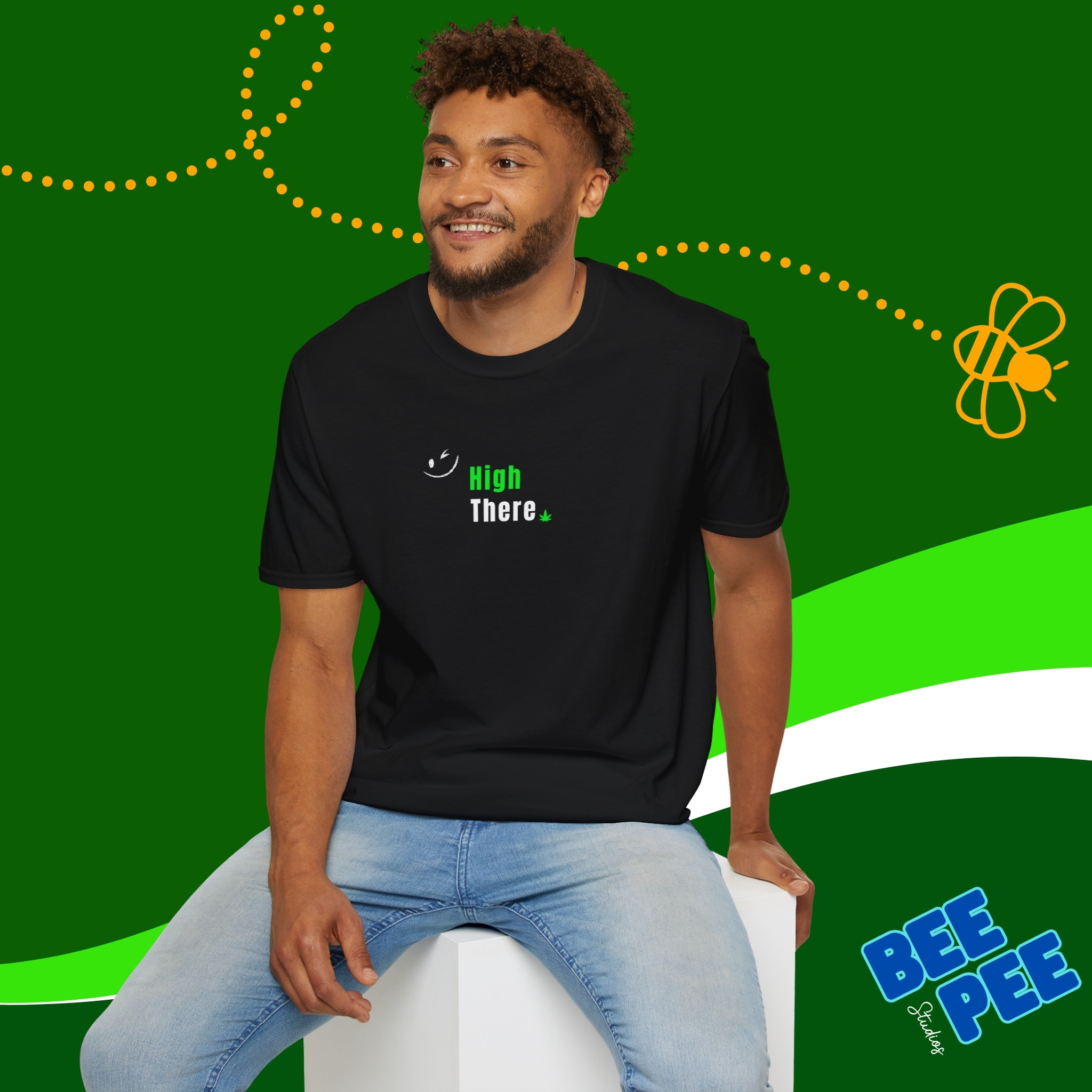 Funny Text Quote "High There" Green and White Unisex T-Shirt with Winking Emoji product thumbnail image Funny Text Quote "High There" Green and White Unisex T-Shirt with Winking Emoji product thumbnail image