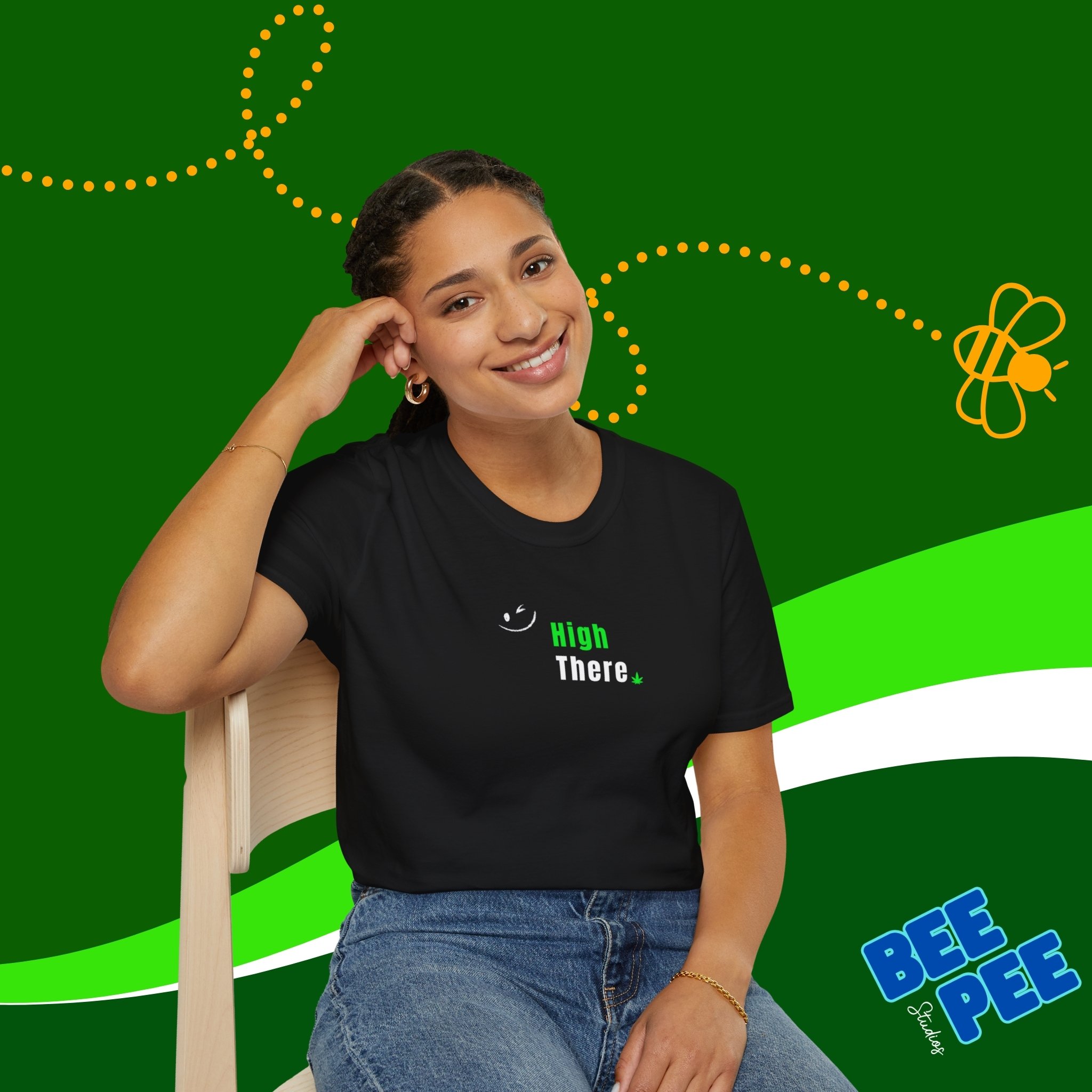 Funny Text Quote "High There" Green and White Unisex T-Shirt with Winking Emoji product thumbnail image Funny Text Quote "High There" Green and White Unisex T-Shirt with Winking Emoji product thumbnail image