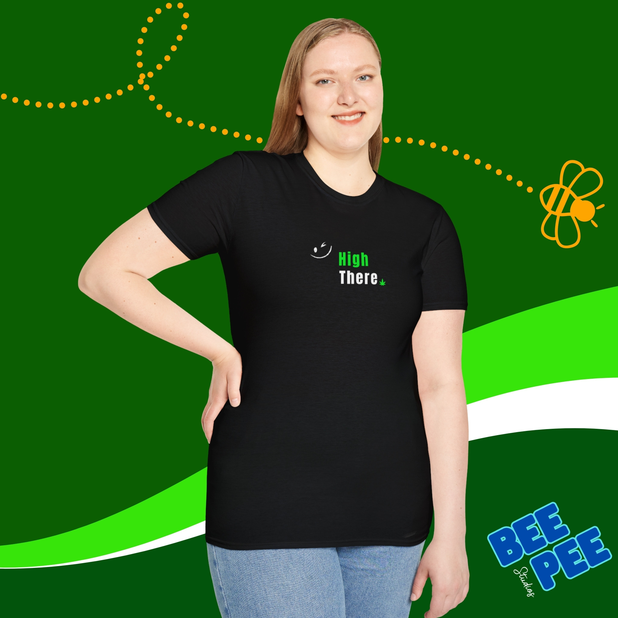 Funny Text Quote "High There" Green and White Unisex T-Shirt with Winking Emoji product thumbnail image Funny Text Quote "High There" Green and White Unisex T-Shirt with Winking Emoji product thumbnail image