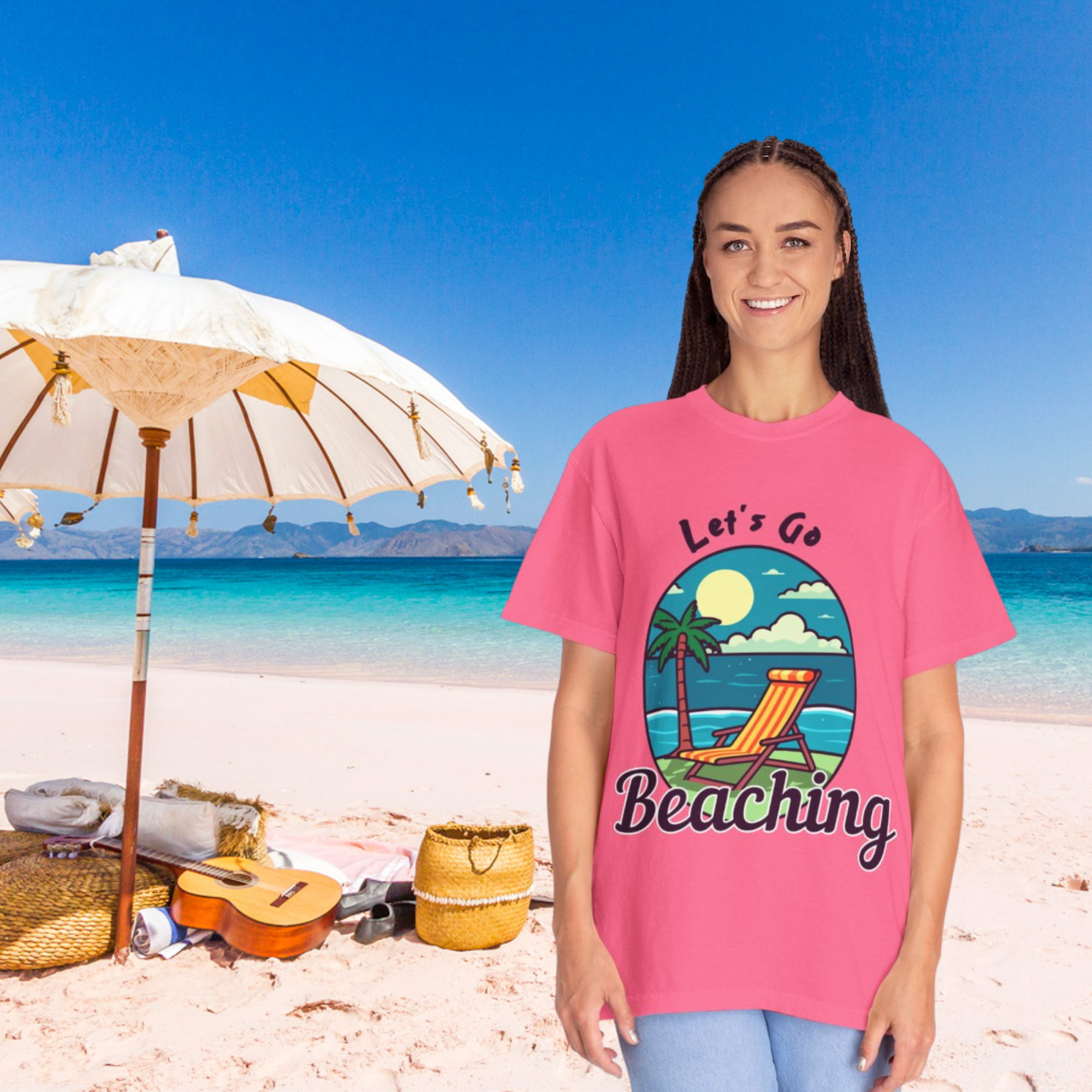 Lets Go Beaching Summer T Shirt Retro Beach Chair And Palm Tree Graphic Tee Fun Unisex Garment-Dyed Vacation Shirt for Men And Women product thumbnail image