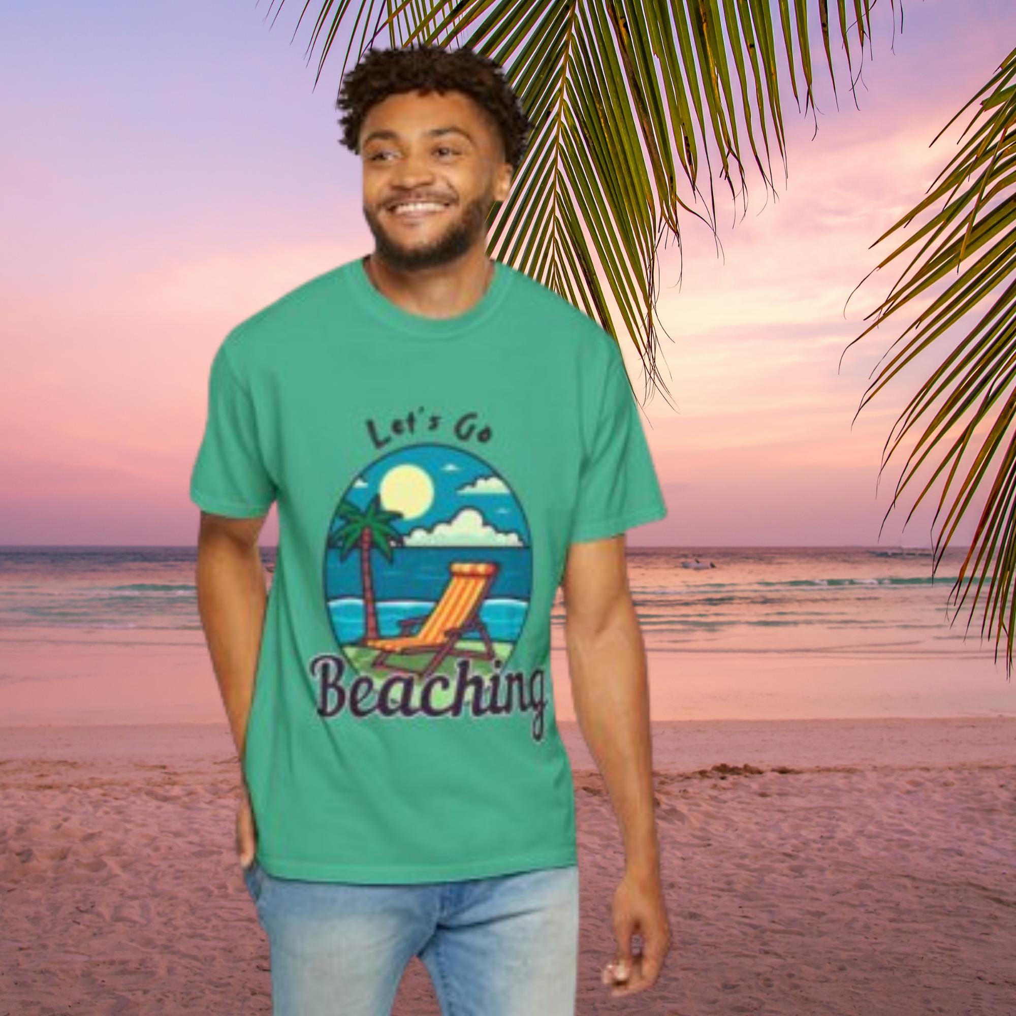 Lets Go Beaching Summer T Shirt Retro Beach Chair And Palm Tree Graphic Tee Fun Unisex Garment-Dyed Vacation Shirt for Men And Women product thumbnail image