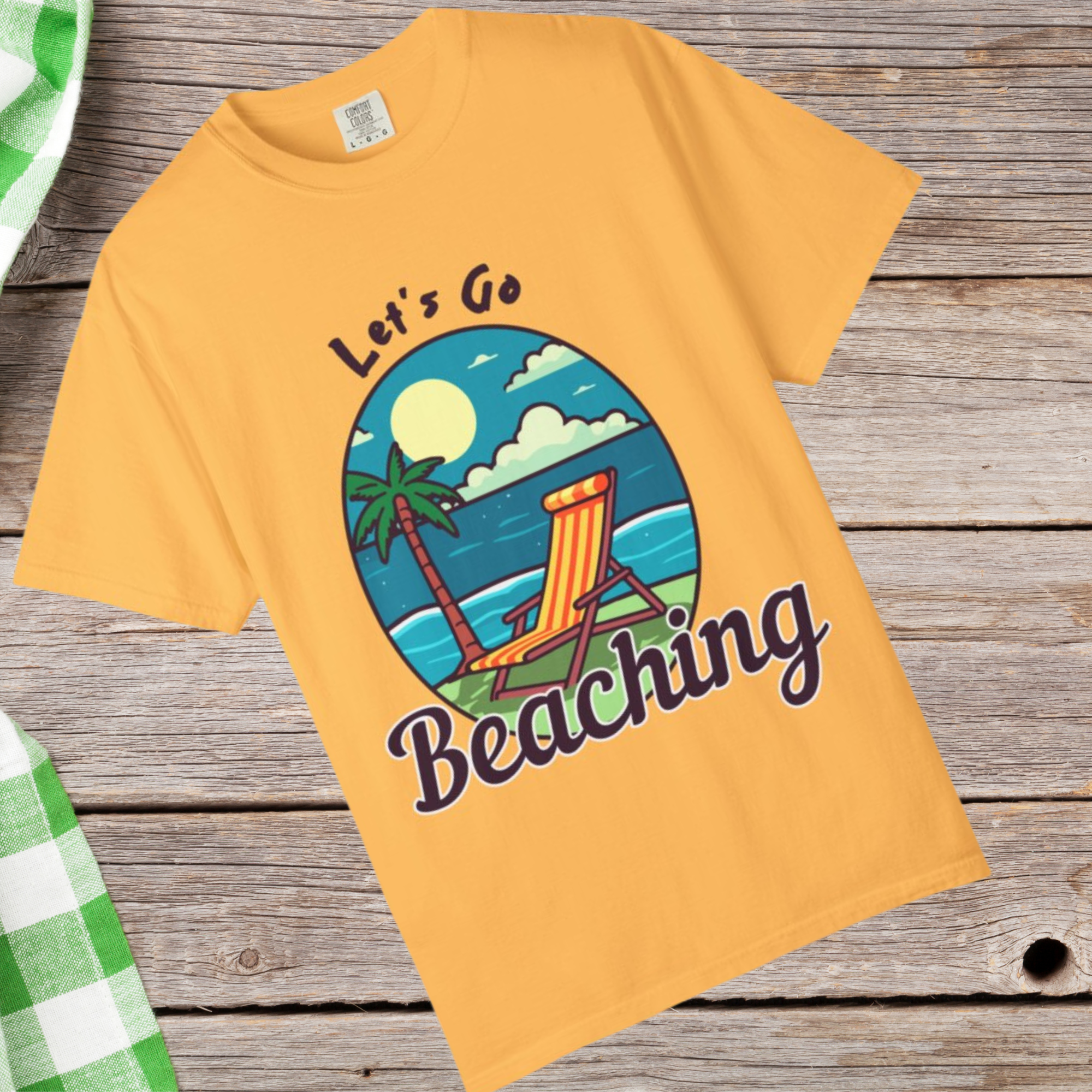 Lets Go Beaching Summer T Shirt Retro Beach Chair And Palm Tree Graphic Tee Fun Unisex Garment-Dyed Vacation Shirt for Men And Women product thumbnail image