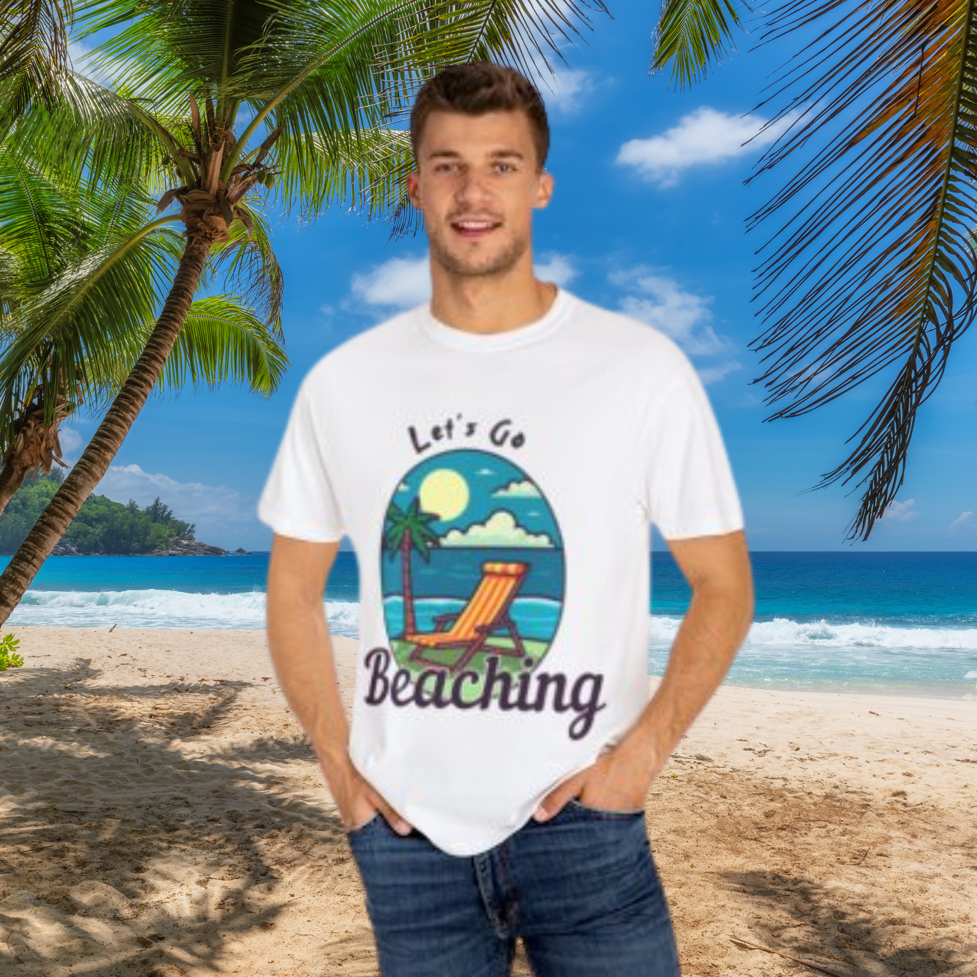 Lets Go Beaching Summer T Shirt Retro Beach Chair And Palm Tree Graphic Tee Fun Unisex Garment-Dyed Vacation Shirt for Men And Women