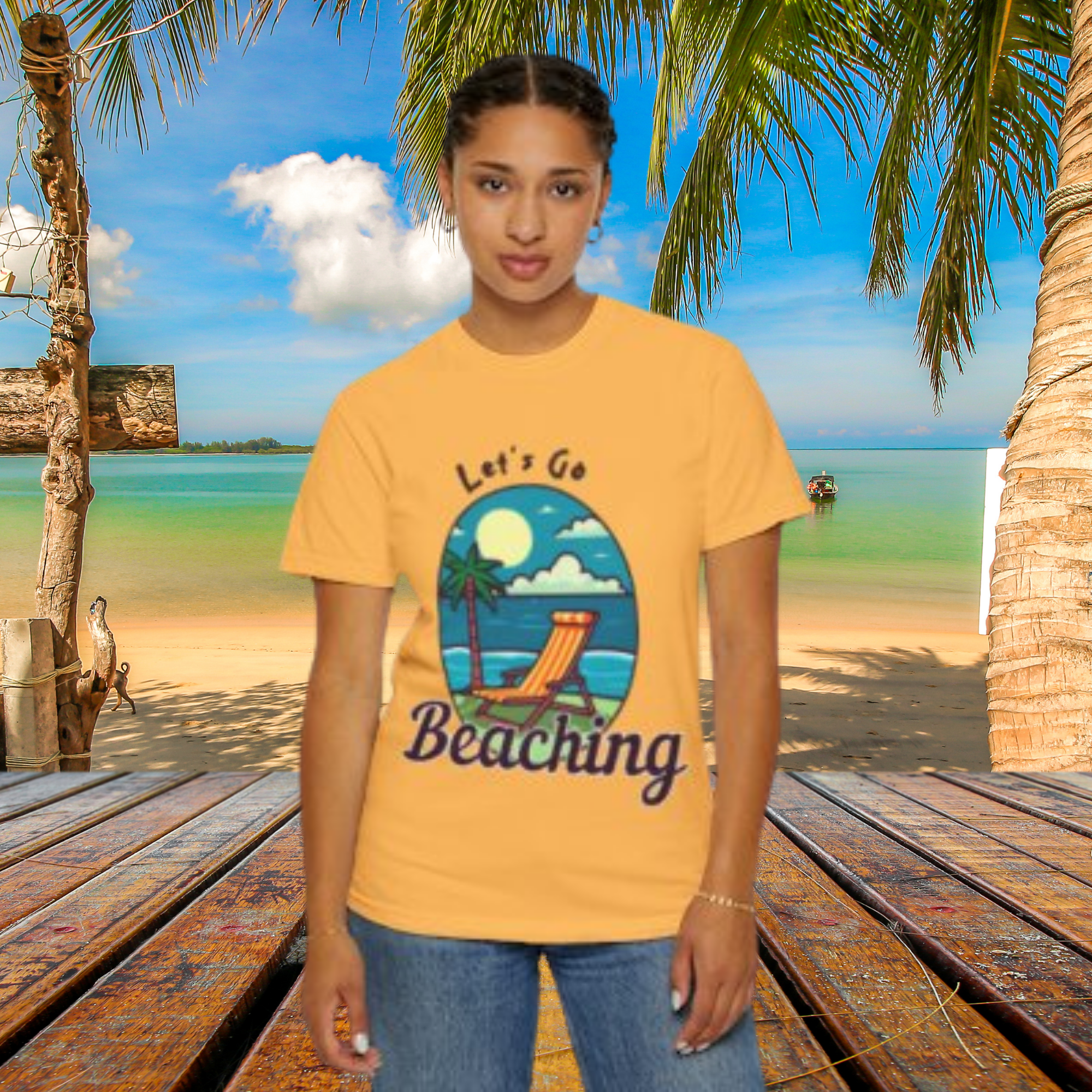 Lets Go Beaching Summer T Shirt Retro Beach Chair And Palm Tree Graphic Tee Fun Unisex Garment-Dyed Vacation Shirt for Men And Women product thumbnail image