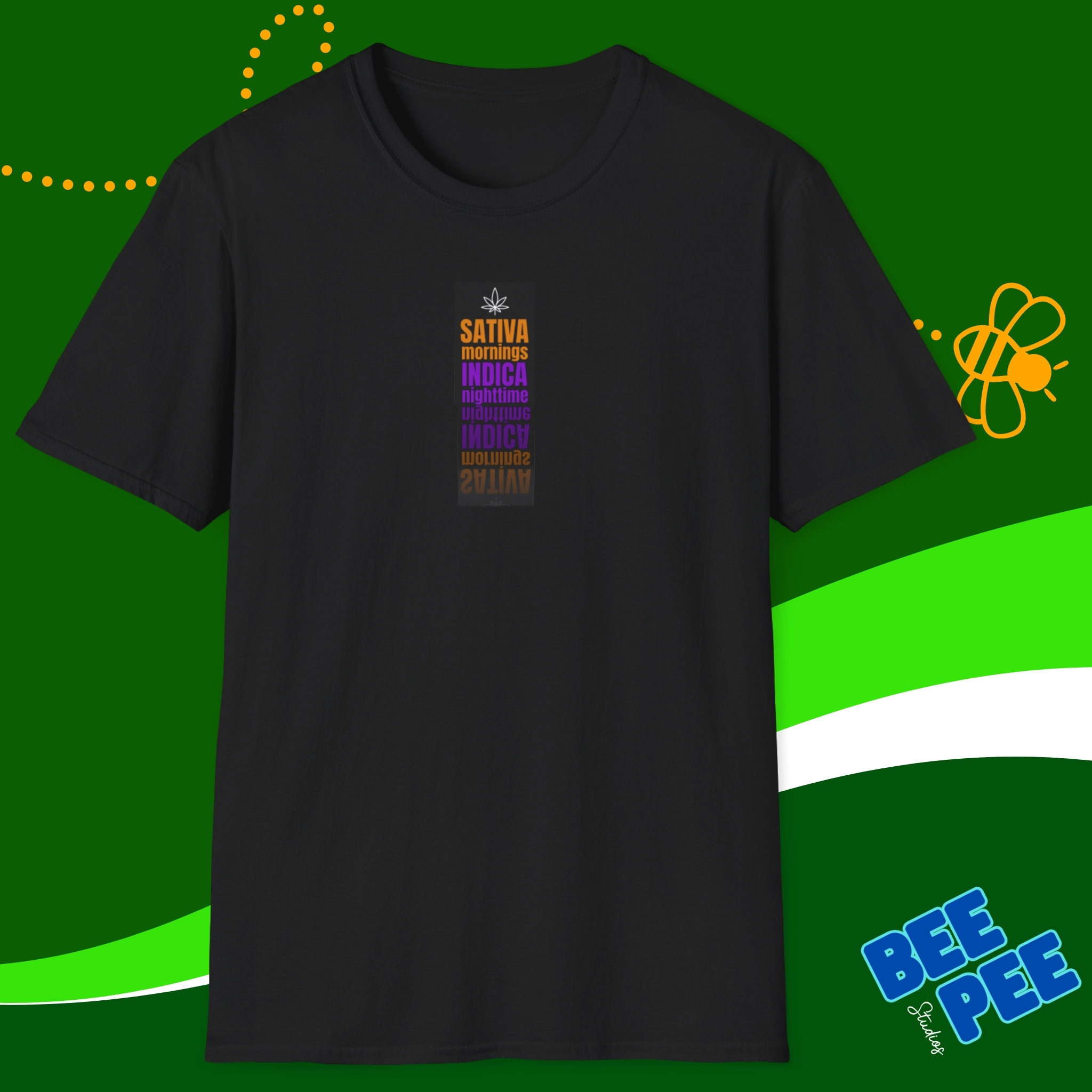 T-Shirt 'Sativa Mornings Indica Nighttime' Purple Orange, reflected text Unisex Soft style T-shirt