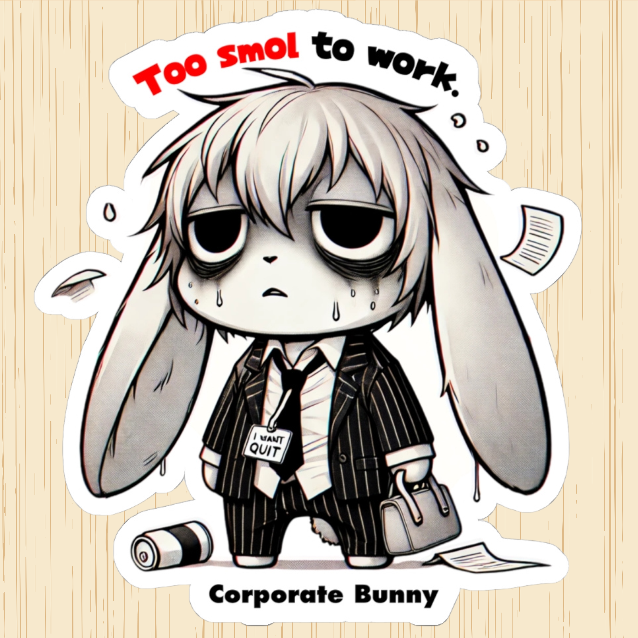 Too Smol to Work – Funny Corporate Bunny Sticker / Cute Animal Quote, Kawaii Overworked Rabbit Decal, Anti-Work Mood Gift