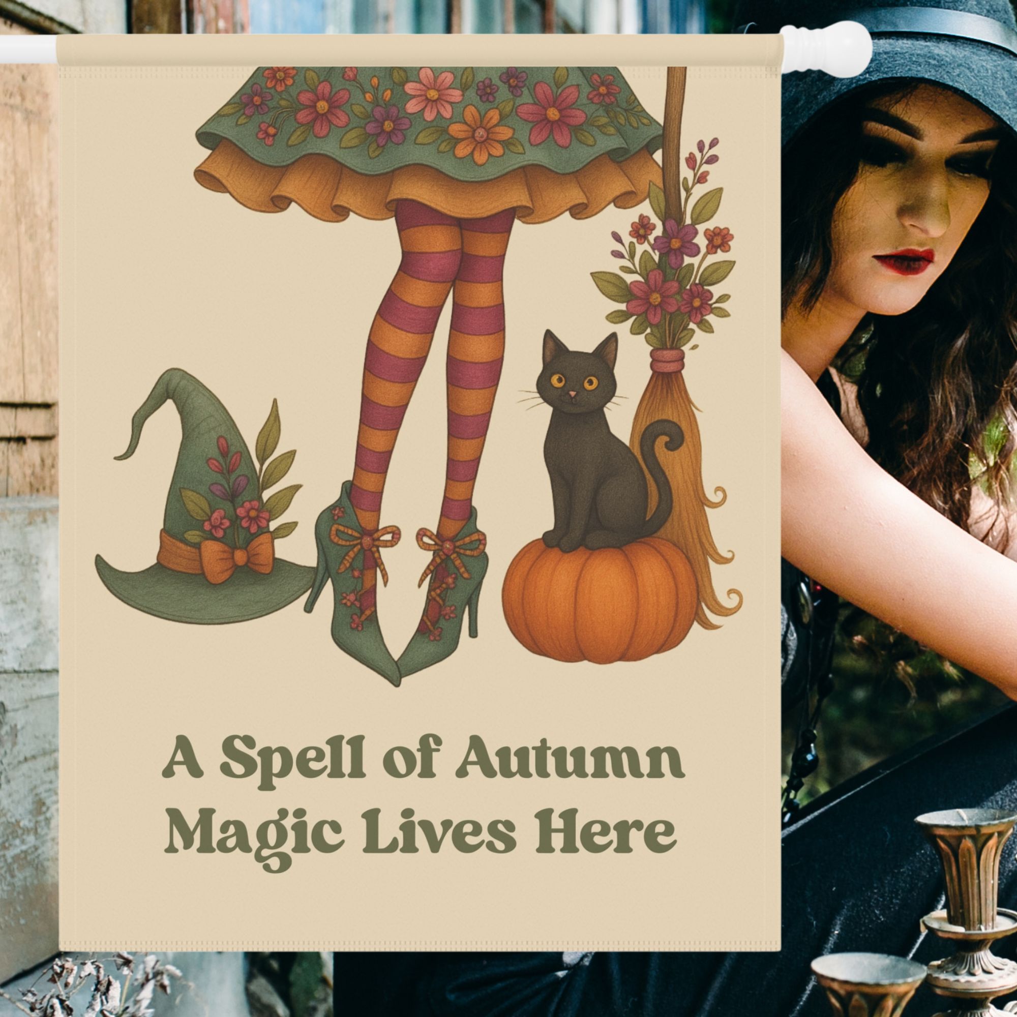 Floral Witch Legs House Flag product thumbnail image Floral Witch Legs House Flag product thumbnail image