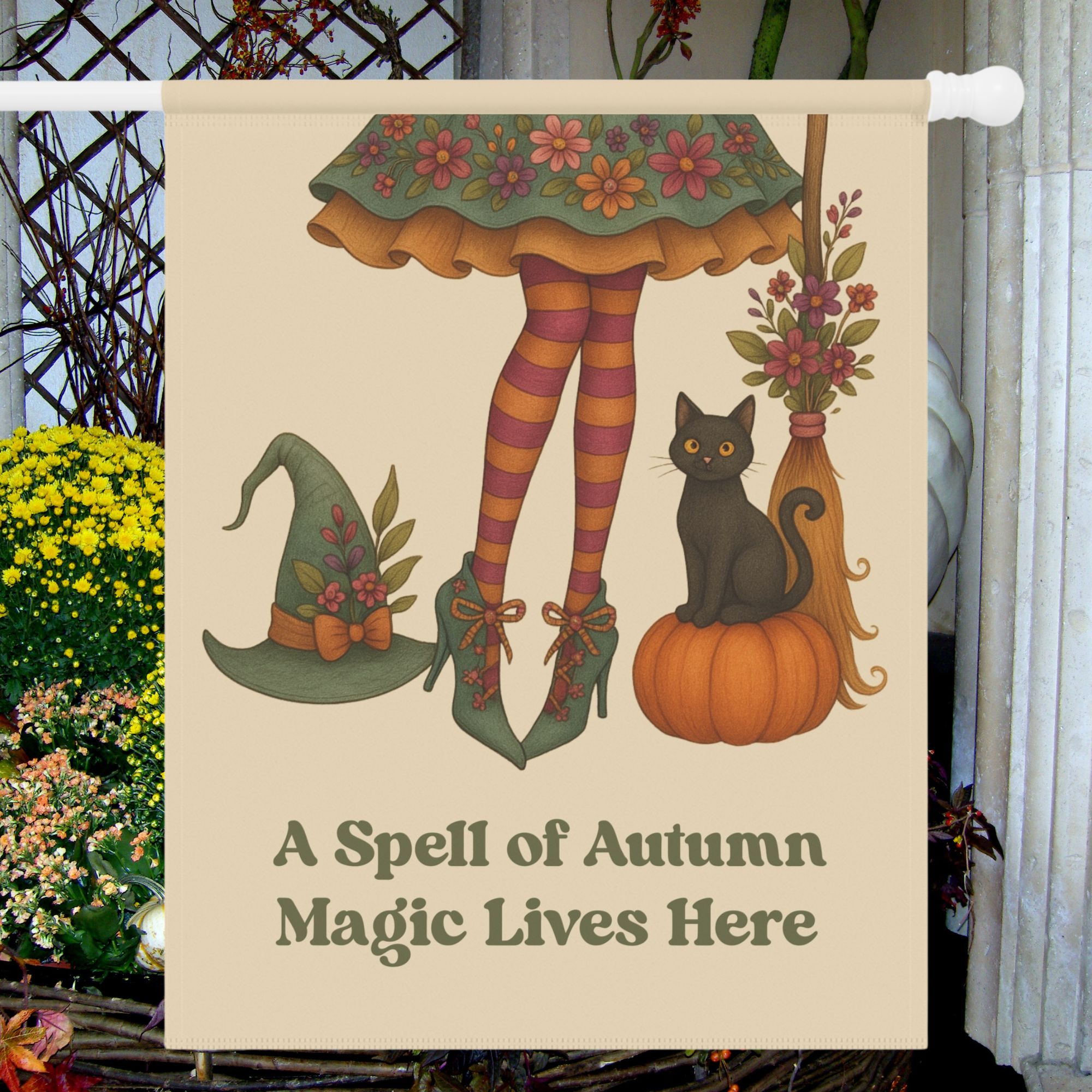 Floral Witch Legs House Flag product thumbnail image Floral Witch Legs House Flag product thumbnail image