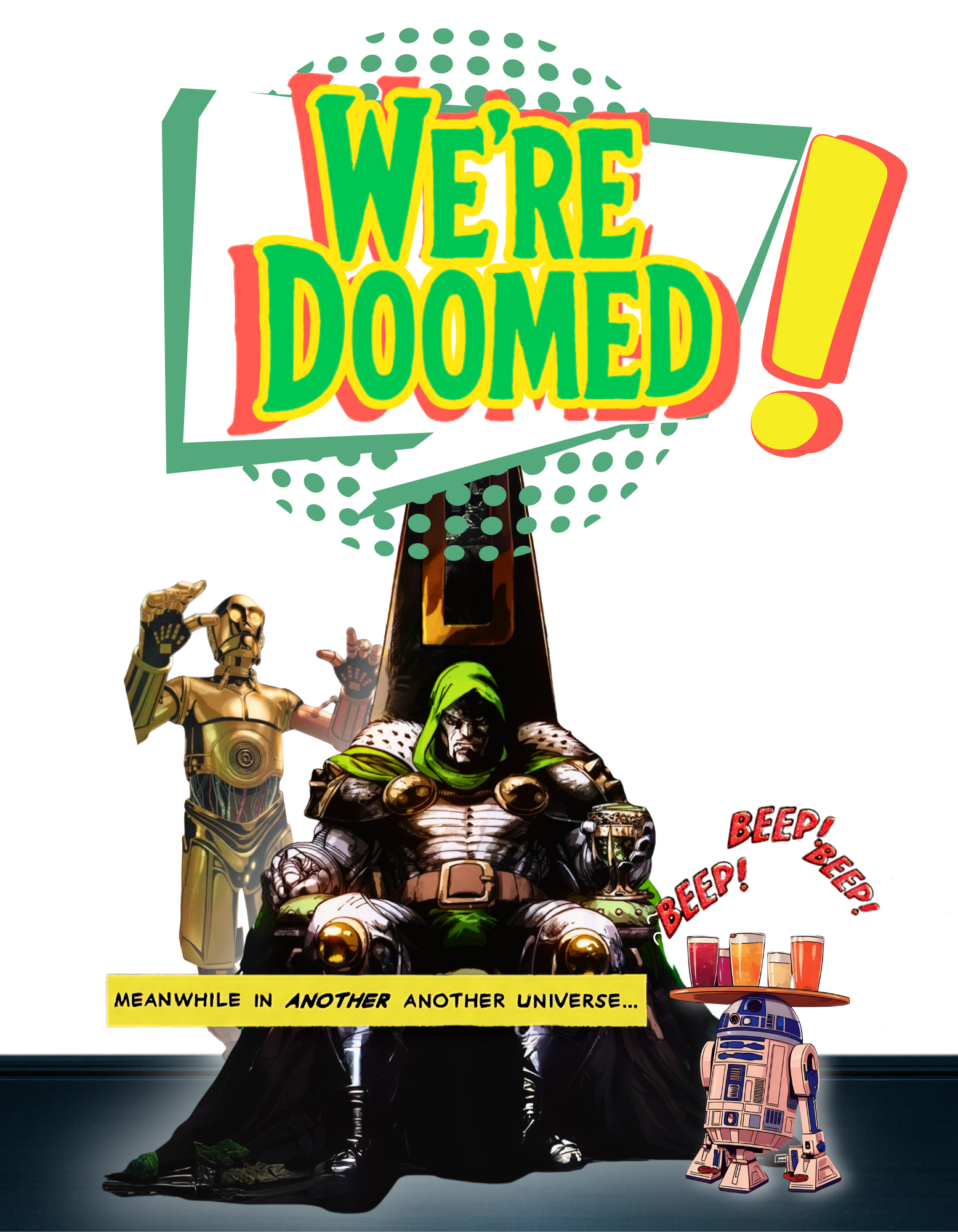  "We’re DOOMED!" – A Multiversal Mashup Tee, Star Wars+Marvel Comics,Unisex Heavy Cotton Tee, Casual Cool Shirt, Perfect for Parties, Gift for Comic Lovers, Retro Humor Shirt