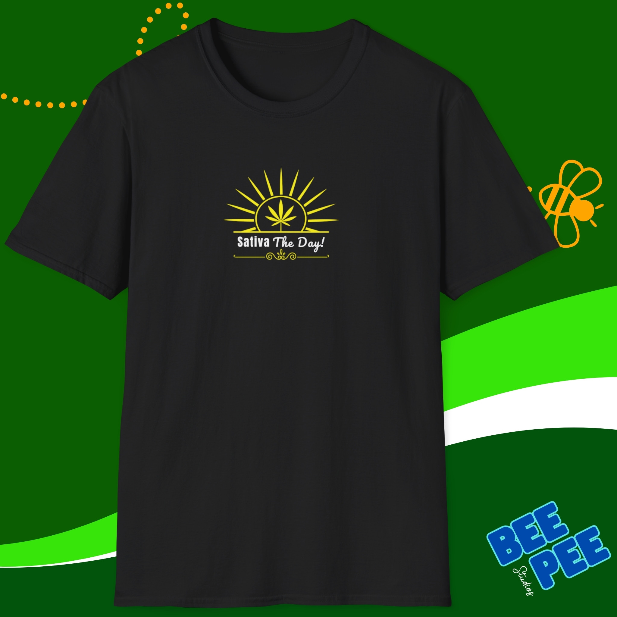 'Sativa the Day' Unisex T-Shirt with Bright Yellow Sun Print product thumbnail image 'Sativa the Day' Unisex T-Shirt with Bright Yellow Sun Print product thumbnail image