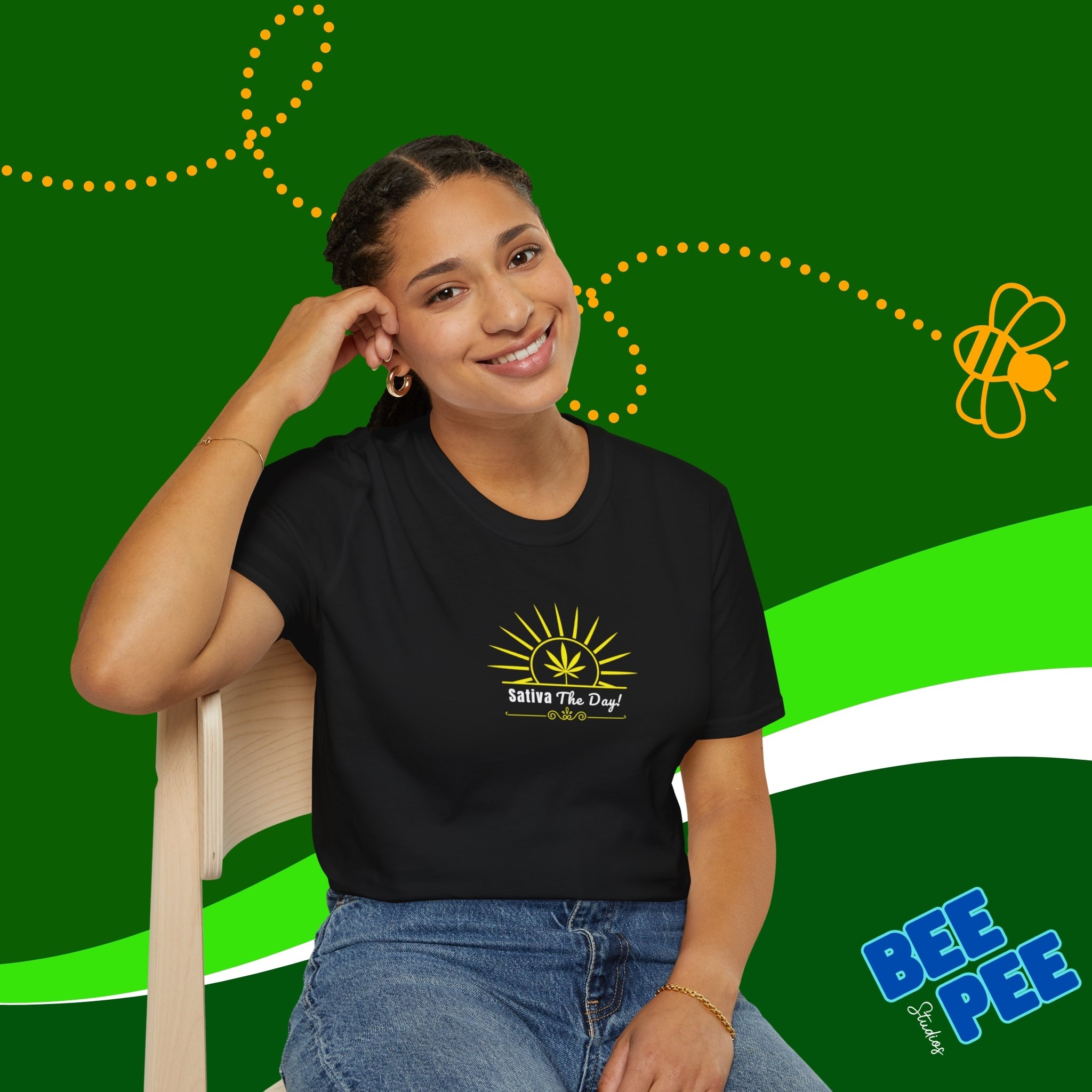 'Sativa the Day' Unisex T-Shirt with Bright Yellow Sun Print product thumbnail image 'Sativa the Day' Unisex T-Shirt with Bright Yellow Sun Print product thumbnail image