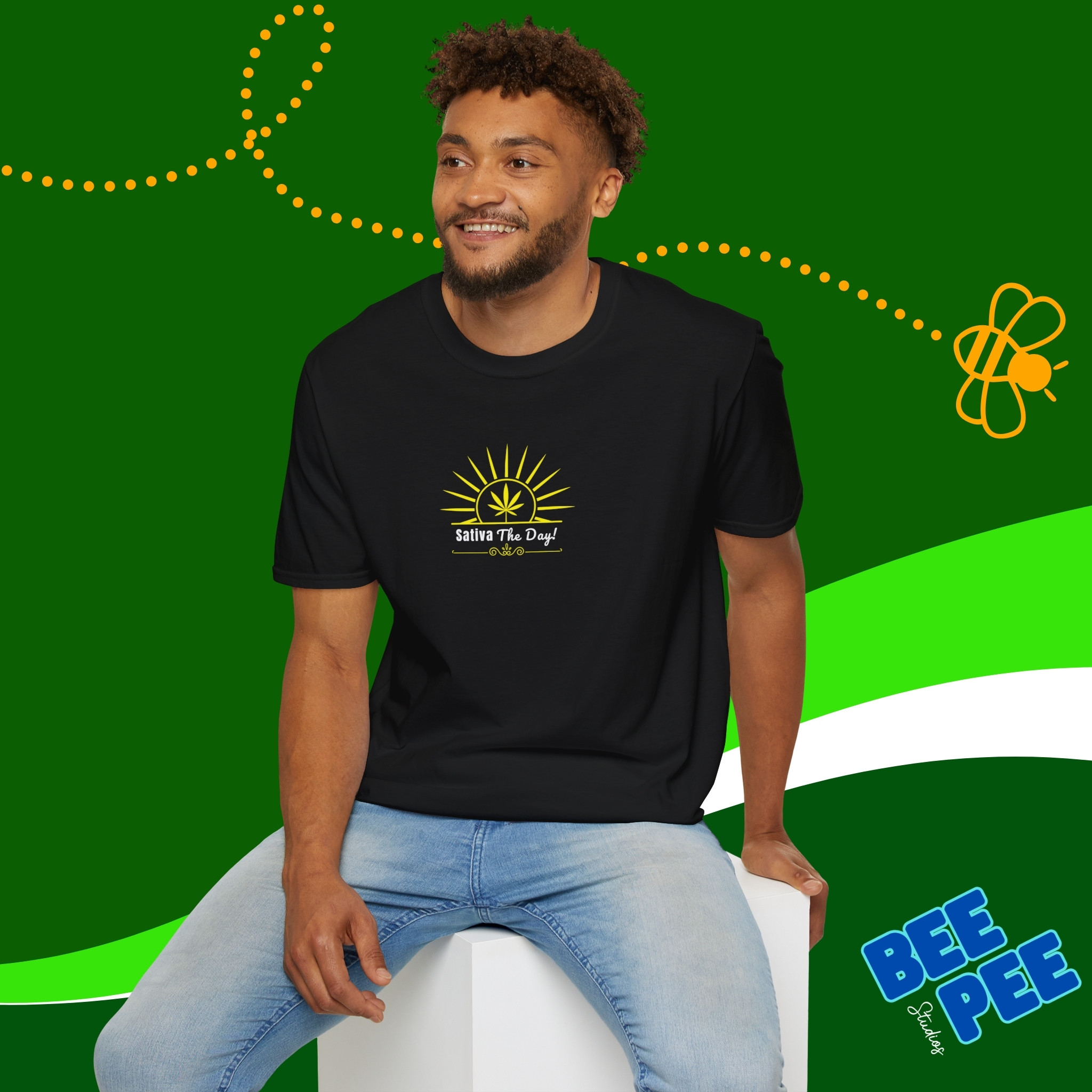 'Sativa the Day' Unisex T-Shirt with Bright Yellow Sun Print product thumbnail image 'Sativa the Day' Unisex T-Shirt with Bright Yellow Sun Print product thumbnail image