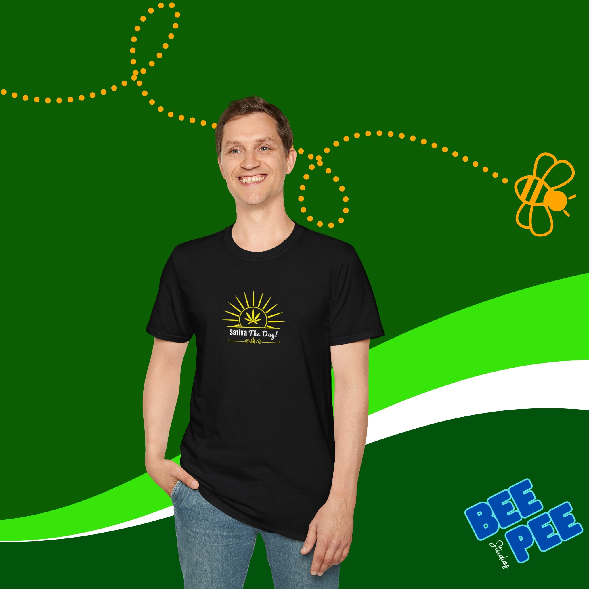 'Sativa the Day' Unisex T-Shirt with Bright Yellow Sun Print product thumbnail image 'Sativa the Day' Unisex T-Shirt with Bright Yellow Sun Print product thumbnail image