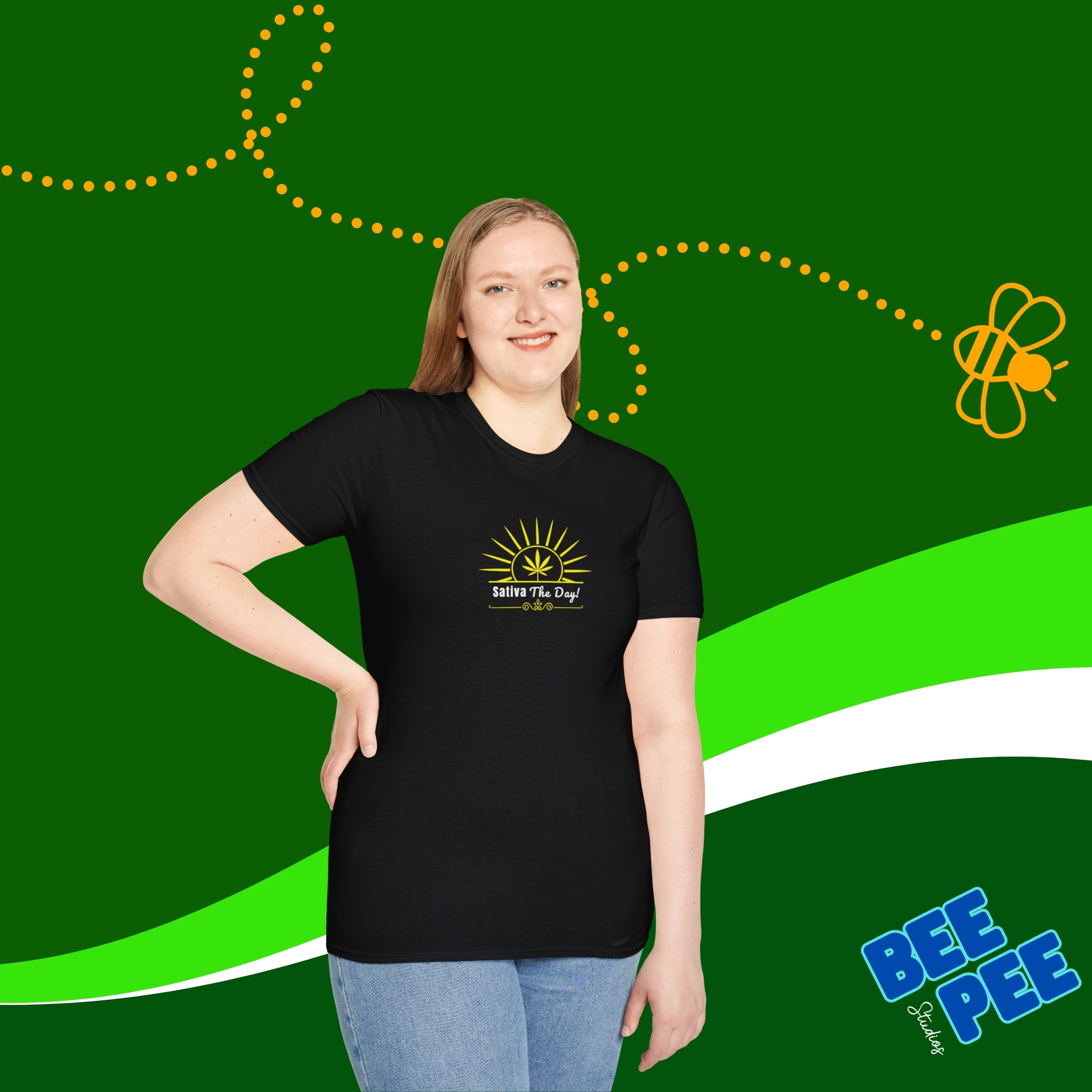 'Sativa the Day' Unisex T-Shirt with Bright Yellow Sun Print product thumbnail image 'Sativa the Day' Unisex T-Shirt with Bright Yellow Sun Print product thumbnail image