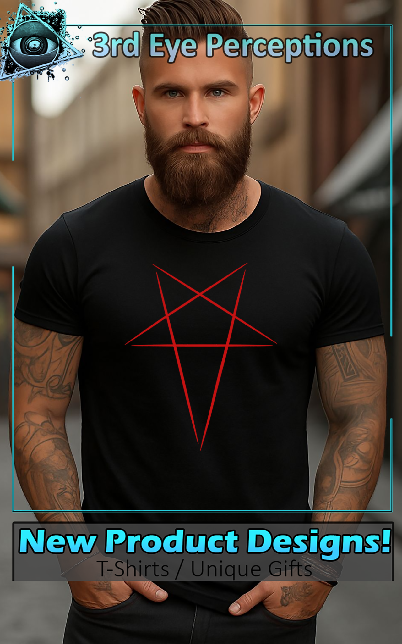 Vintage Red Scratched Goth Rocker Extended Pentagram Design