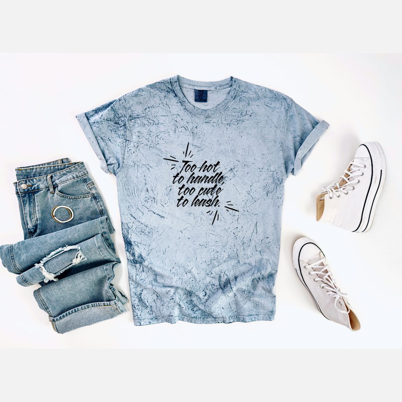 "Too Hot to Handle, Too Cute to Leash" Color Blast Unisex Tshirt for Dog Lovers