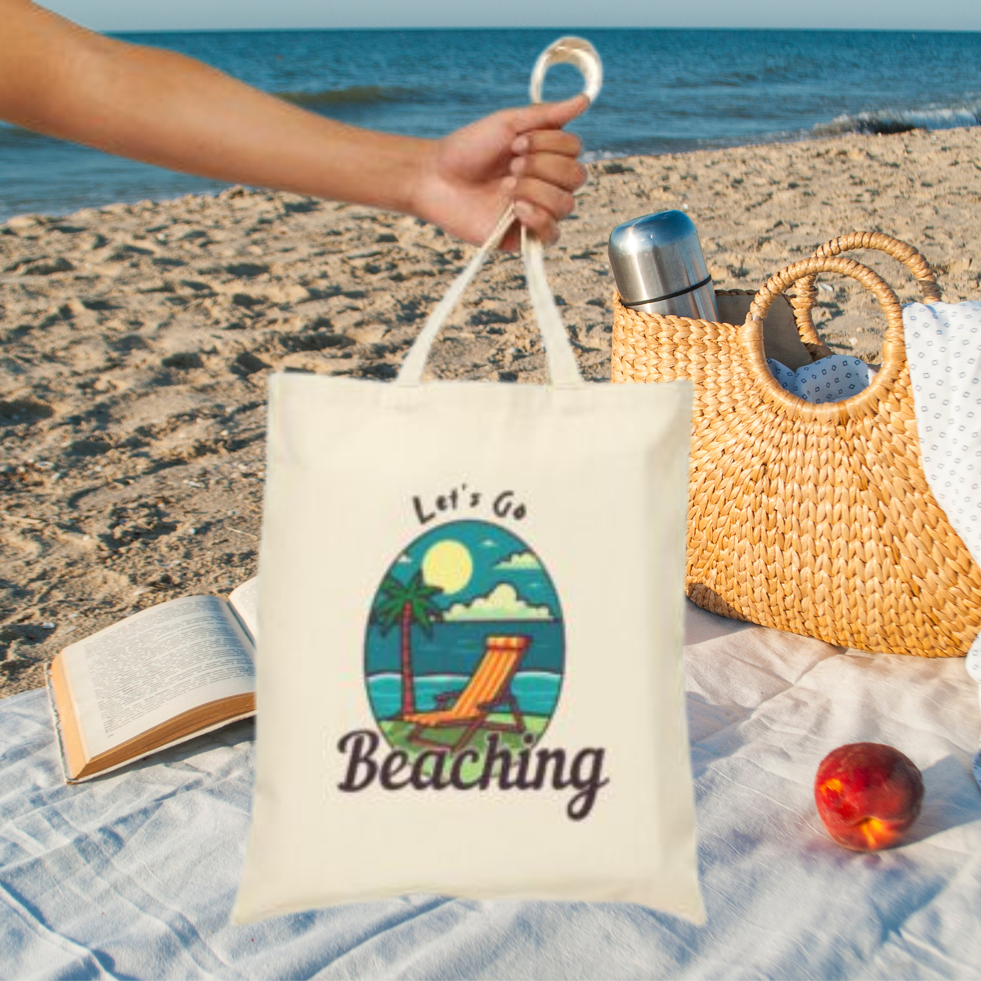 Lets Go Beaching Cotton Canvas Tote Bag Summer Beach Bag with Tropical Design Reusable Eco-Friendly Market Bag Vacation Gift Idea product thumbnail image
