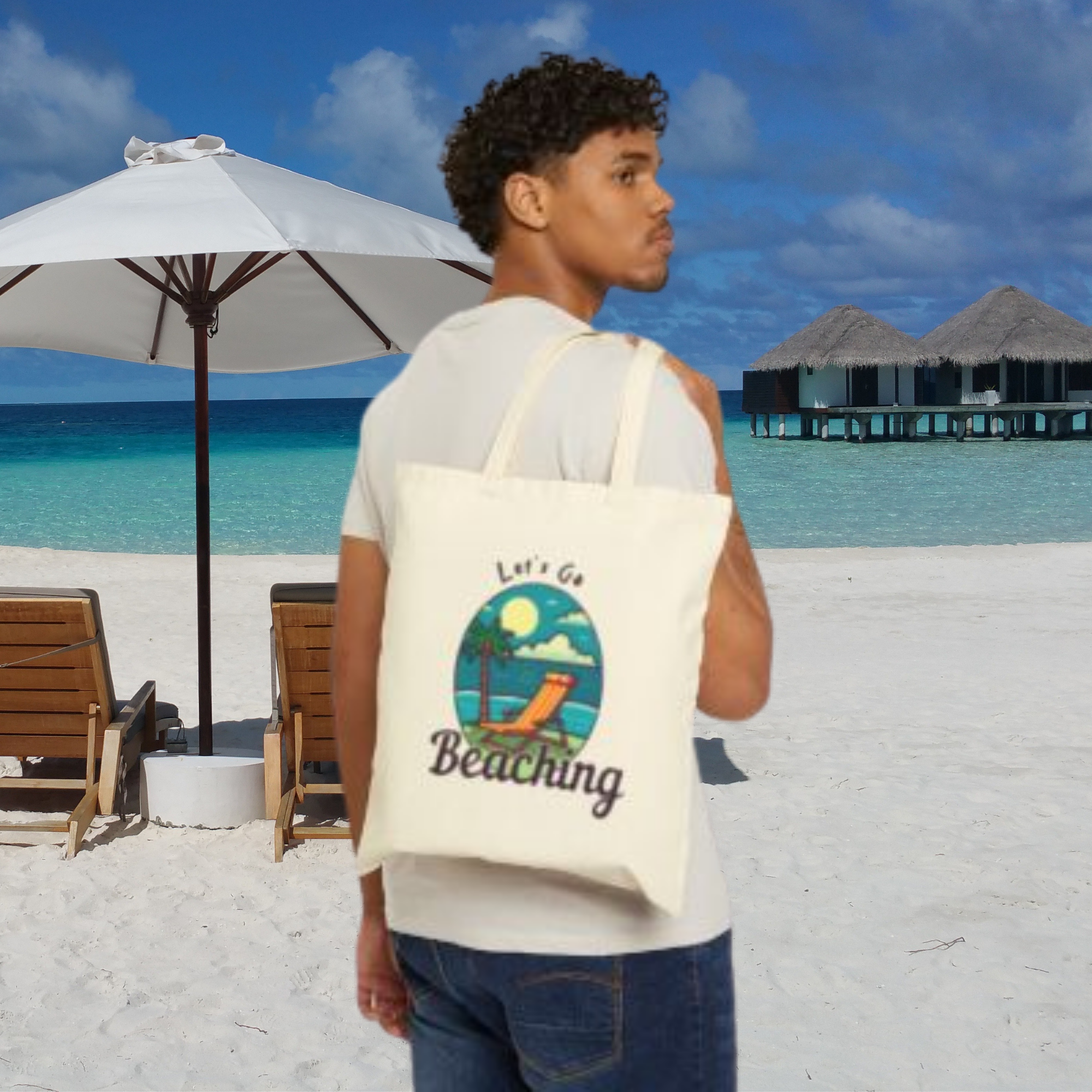 Lets Go Beaching Cotton Canvas Tote Bag Summer Beach Bag with Tropical Design Reusable Eco-Friendly Market Bag Vacation Gift Idea