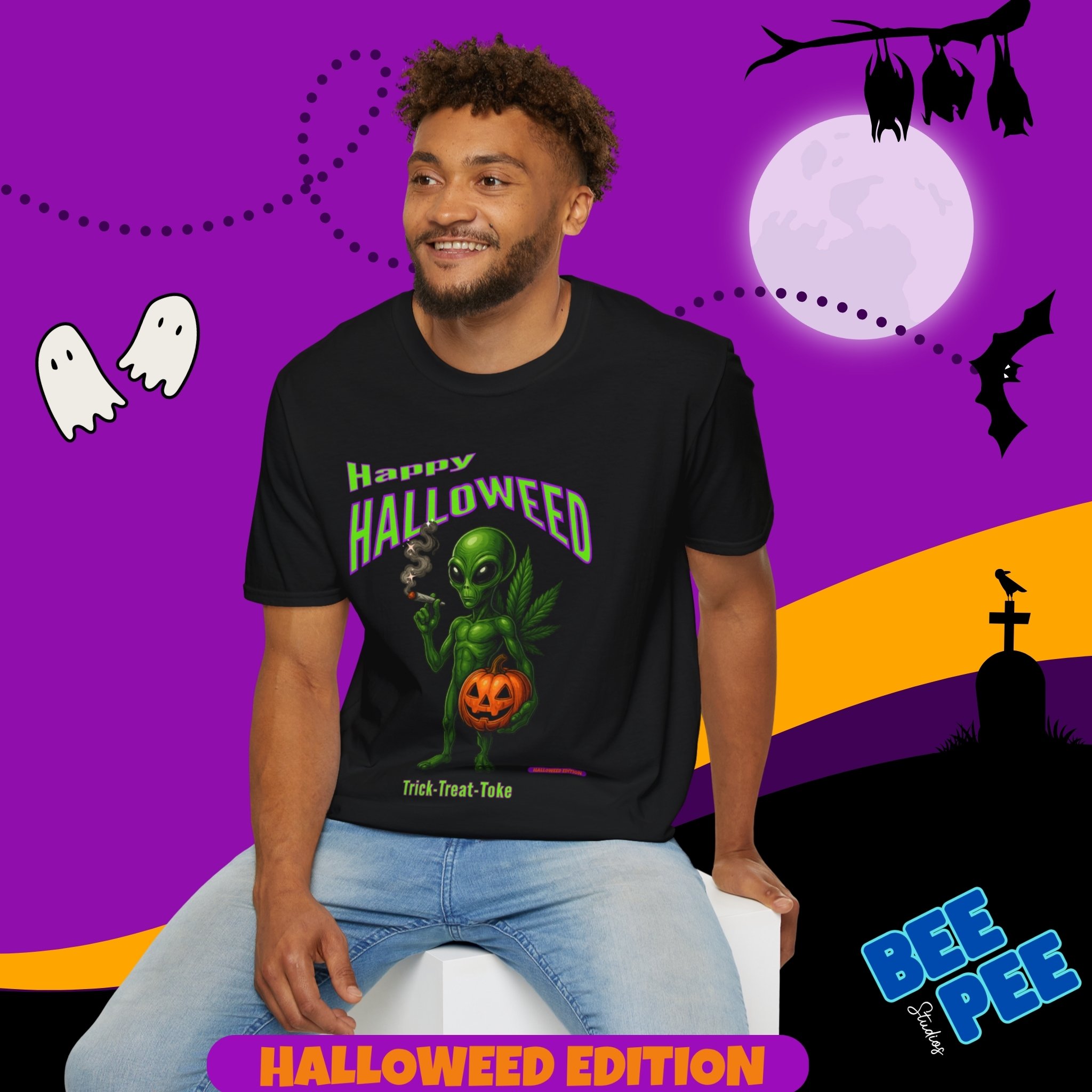 *PREVIEW* 'Happy Halloweed Alien' Graphic, Soft style Unisex T-Shirt - 'Happy Halloweed Edition' *PREVIEW* product thumbnail image *PREVIEW* 'Happy Halloweed Alien' Graphic, Soft style Unisex T-Shirt - 'Happy Halloweed Edition' *PREVIEW* product thumbnail image