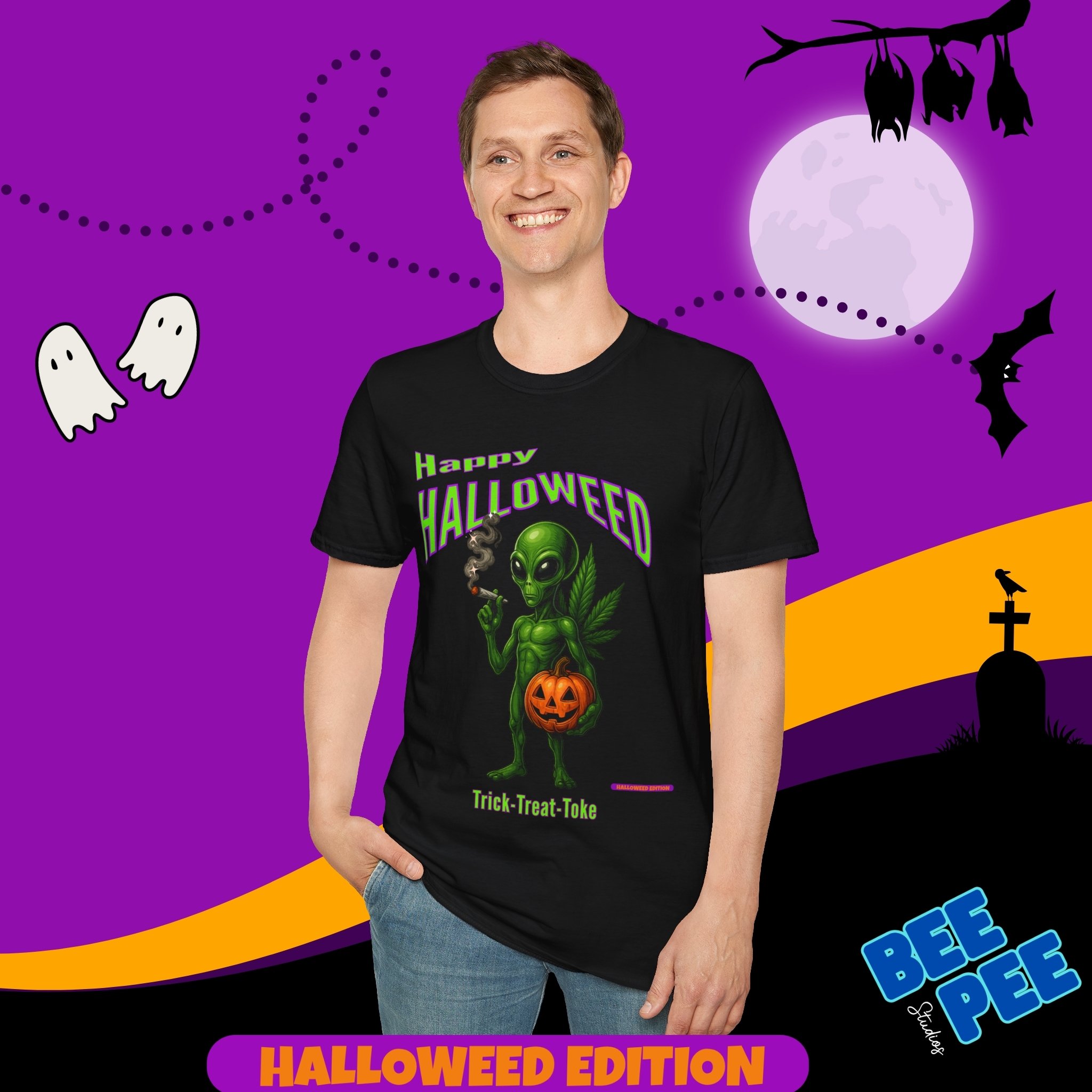 *PREVIEW* 'Happy Halloweed Alien' Graphic, Soft style Unisex T-Shirt - 'Happy Halloweed Edition' *PREVIEW* product thumbnail image *PREVIEW* 'Happy Halloweed Alien' Graphic, Soft style Unisex T-Shirt - 'Happy Halloweed Edition' *PREVIEW* product thumbnail image