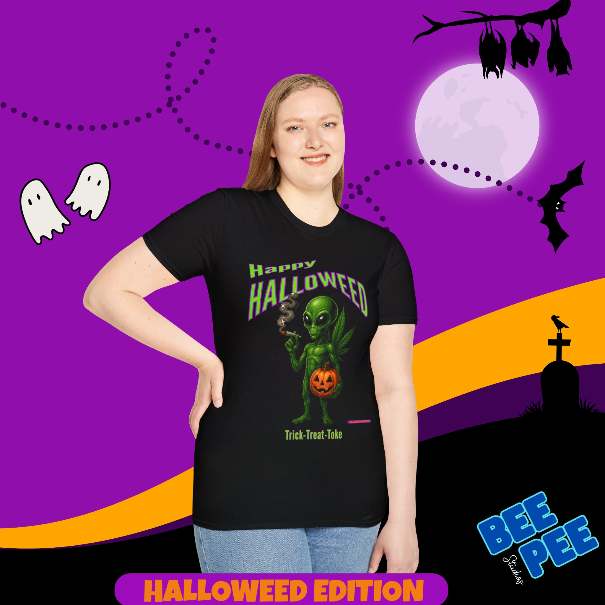 *PREVIEW* 'Happy Halloweed Alien' Graphic, Soft style Unisex T-Shirt - 'Happy Halloweed Edition' *PREVIEW* product thumbnail image *PREVIEW* 'Happy Halloweed Alien' Graphic, Soft style Unisex T-Shirt - 'Happy Halloweed Edition' *PREVIEW* product thumbnail image