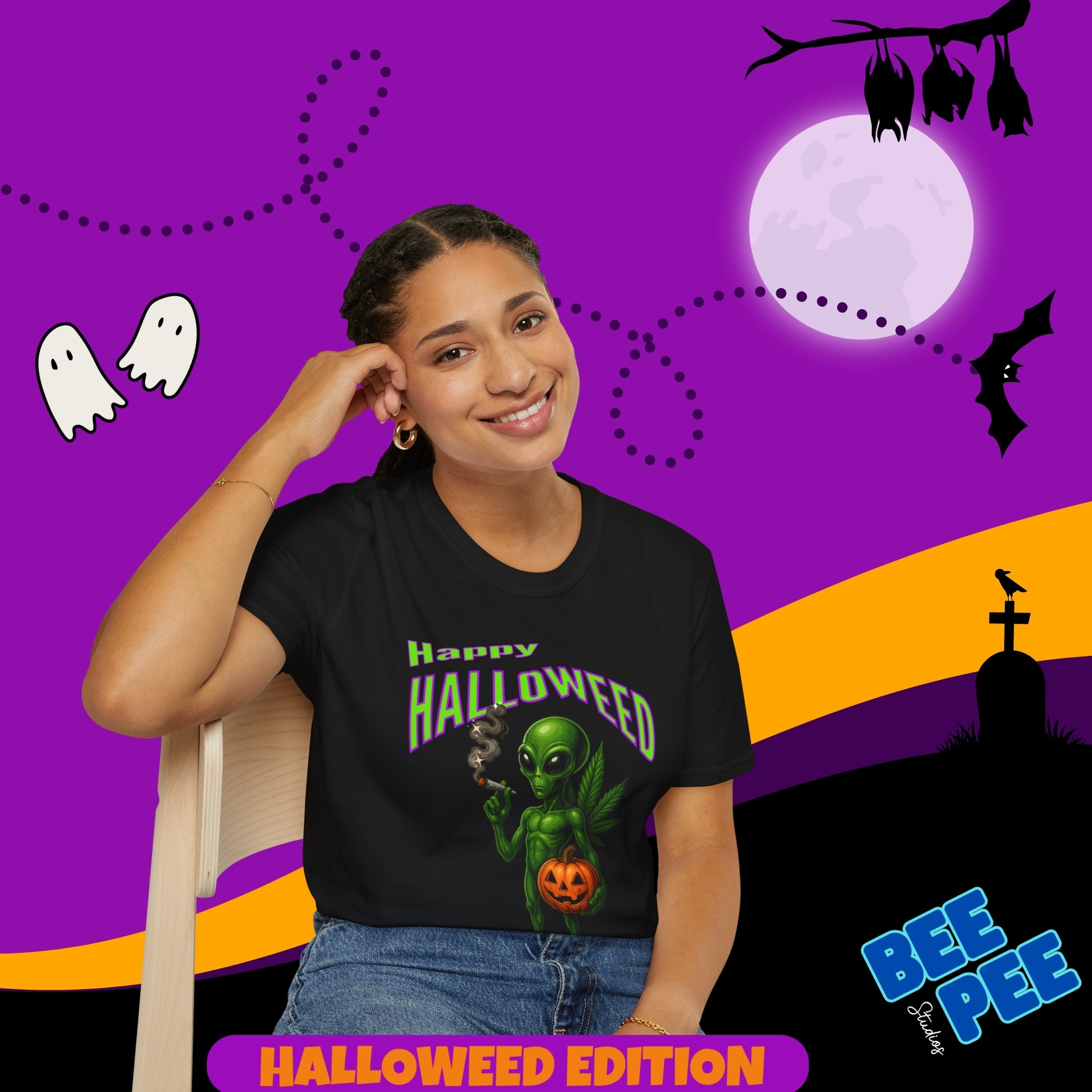 *PREVIEW* 'Happy Halloweed Alien' Graphic, Soft style Unisex T-Shirt - 'Happy Halloweed Edition' *PREVIEW* product thumbnail image *PREVIEW* 'Happy Halloweed Alien' Graphic, Soft style Unisex T-Shirt - 'Happy Halloweed Edition' *PREVIEW* product thumbnail image