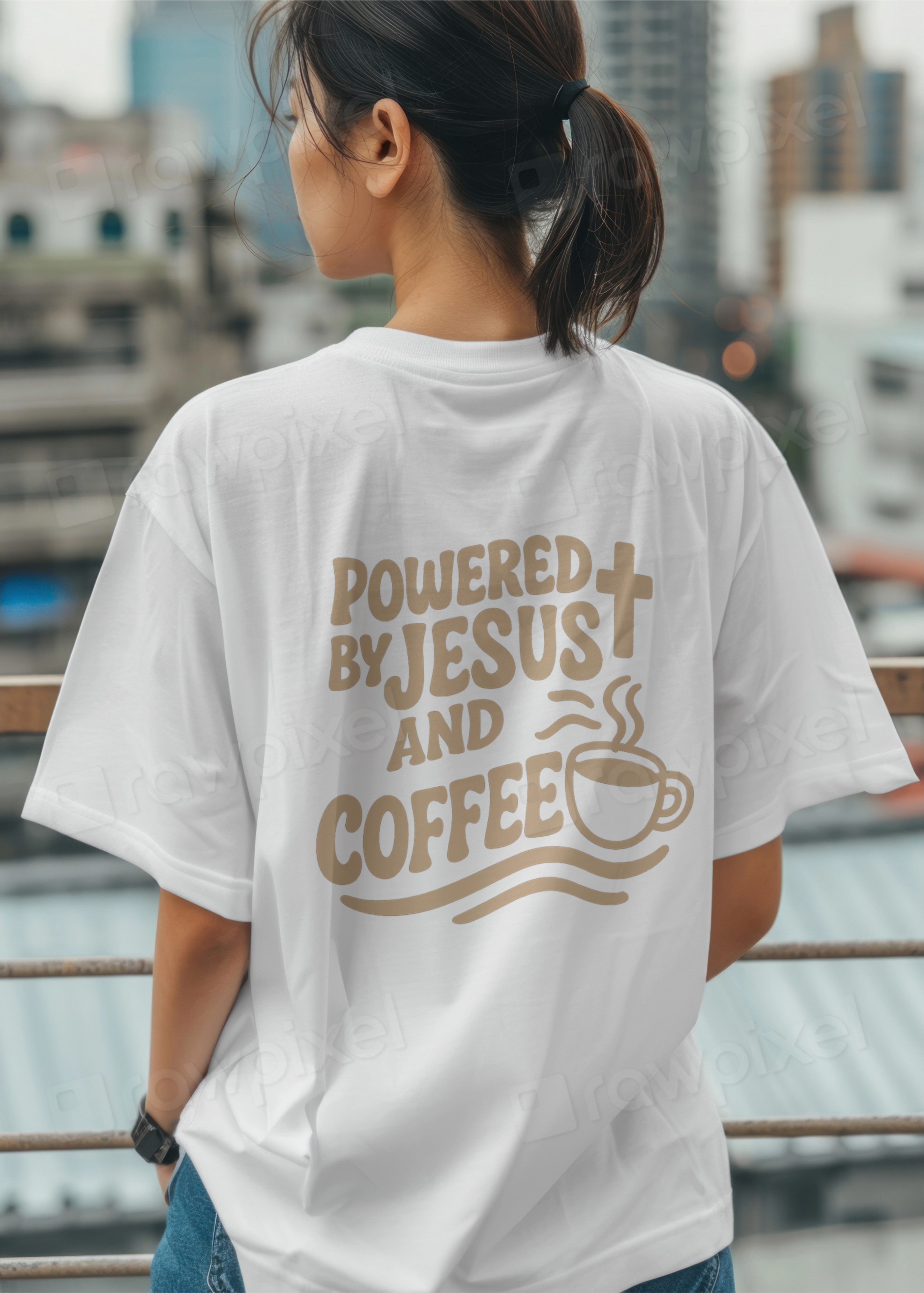 Powered by Jesus and Coffee T-Shirt, Unisex Coffee Tee, Gift for Christian Friends, Faith-based Apparel, Cute Coffee Lover Shirt, [...] product thumbnail image