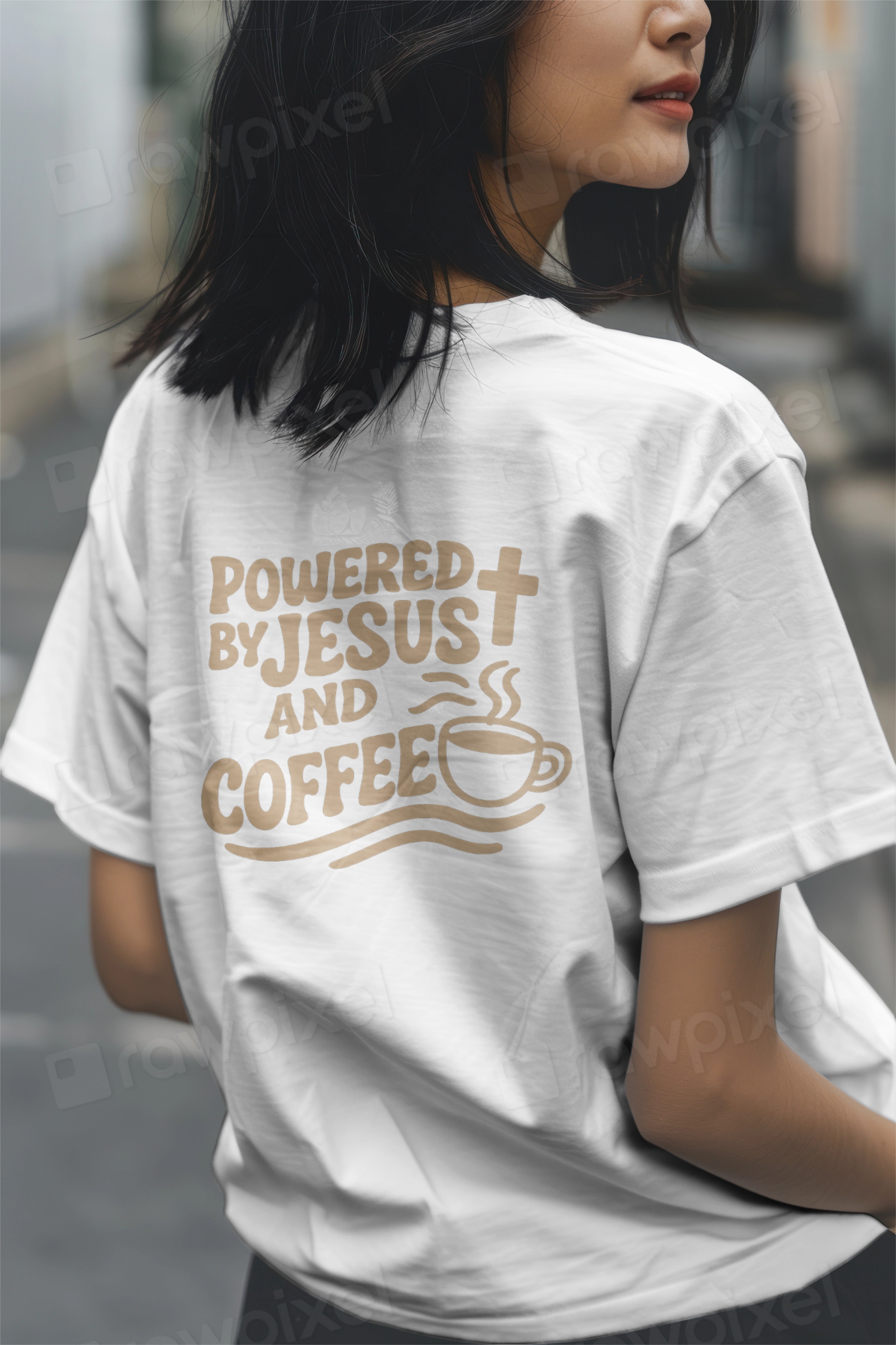 Powered by Jesus and Coffee T-Shirt, Unisex Coffee Tee, Gift for Christian Friends, Faith-based Apparel, Cute Coffee Lover Shirt, [...] product thumbnail image