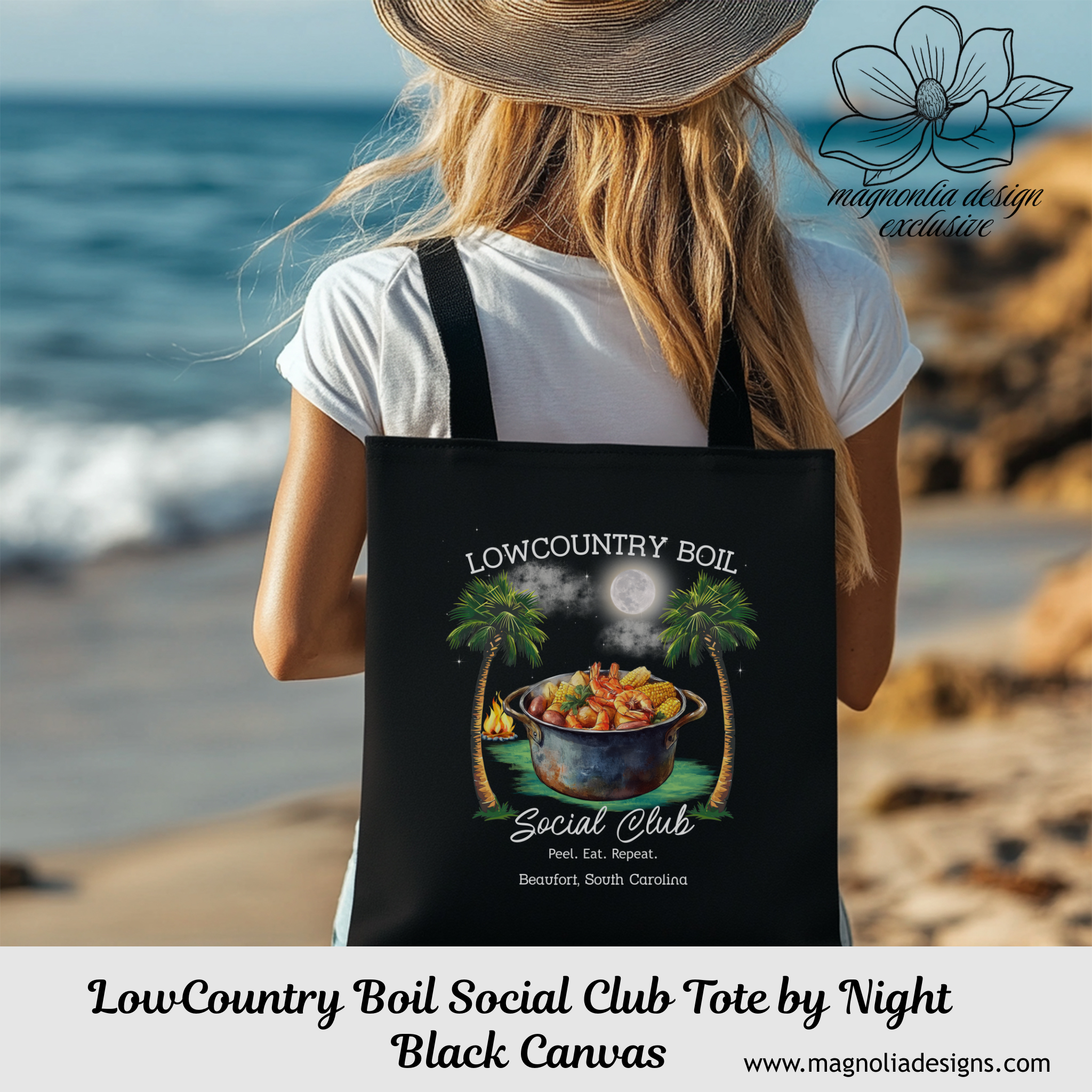Lowcountry Boil at Night Tote | Eco-Friendly Black Canvas Tote with Southern Lowcountry Charm – Beach, Market, or Everyday Carryall product thumbnail image Lowcountry Boil at Night Tote | Eco-Friendly Black Canvas Tote with Southern Lowcountry Charm – Beach, Market, or Everyday Carryall product thumbnail image