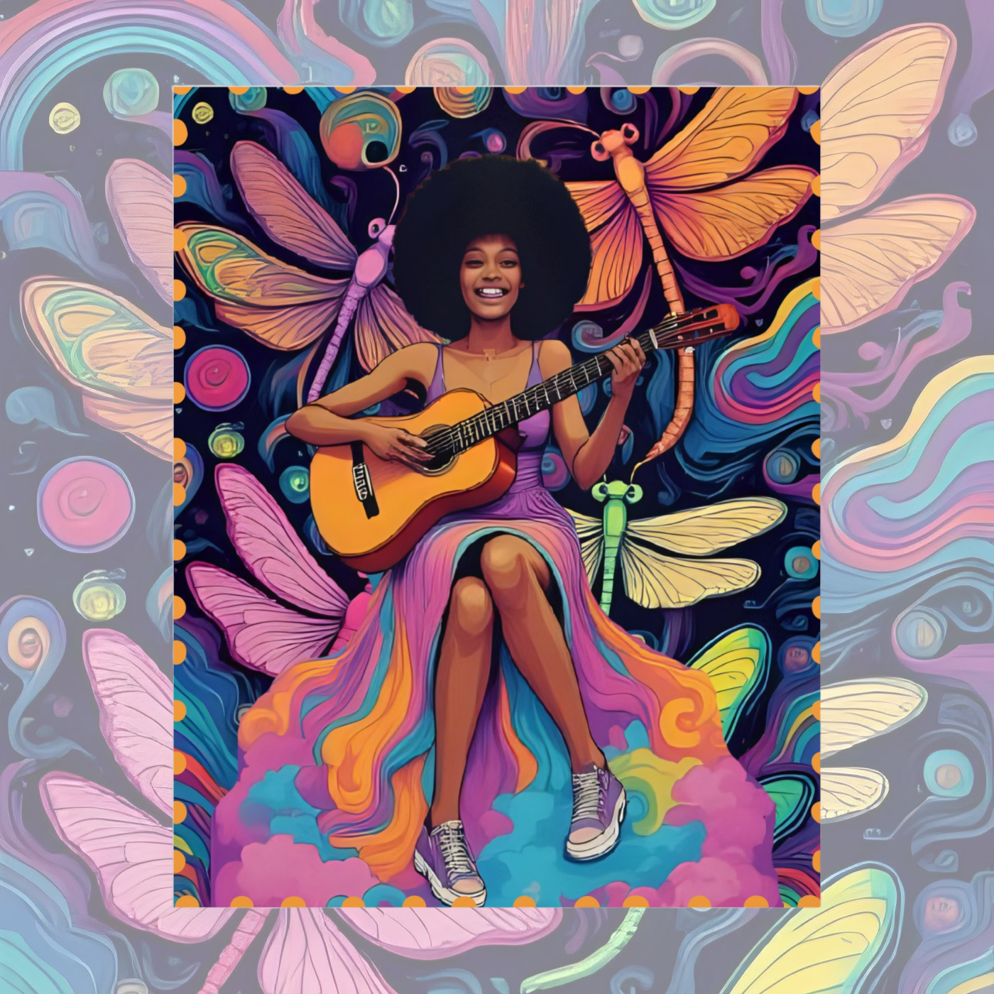 Musical Fairy Dragonfly Foam Board Wall Art - Afro-Flower Girl Design, Home Decor, Gift for Music Lovers, Mother's Day, Vintage Inspired, Boho Art