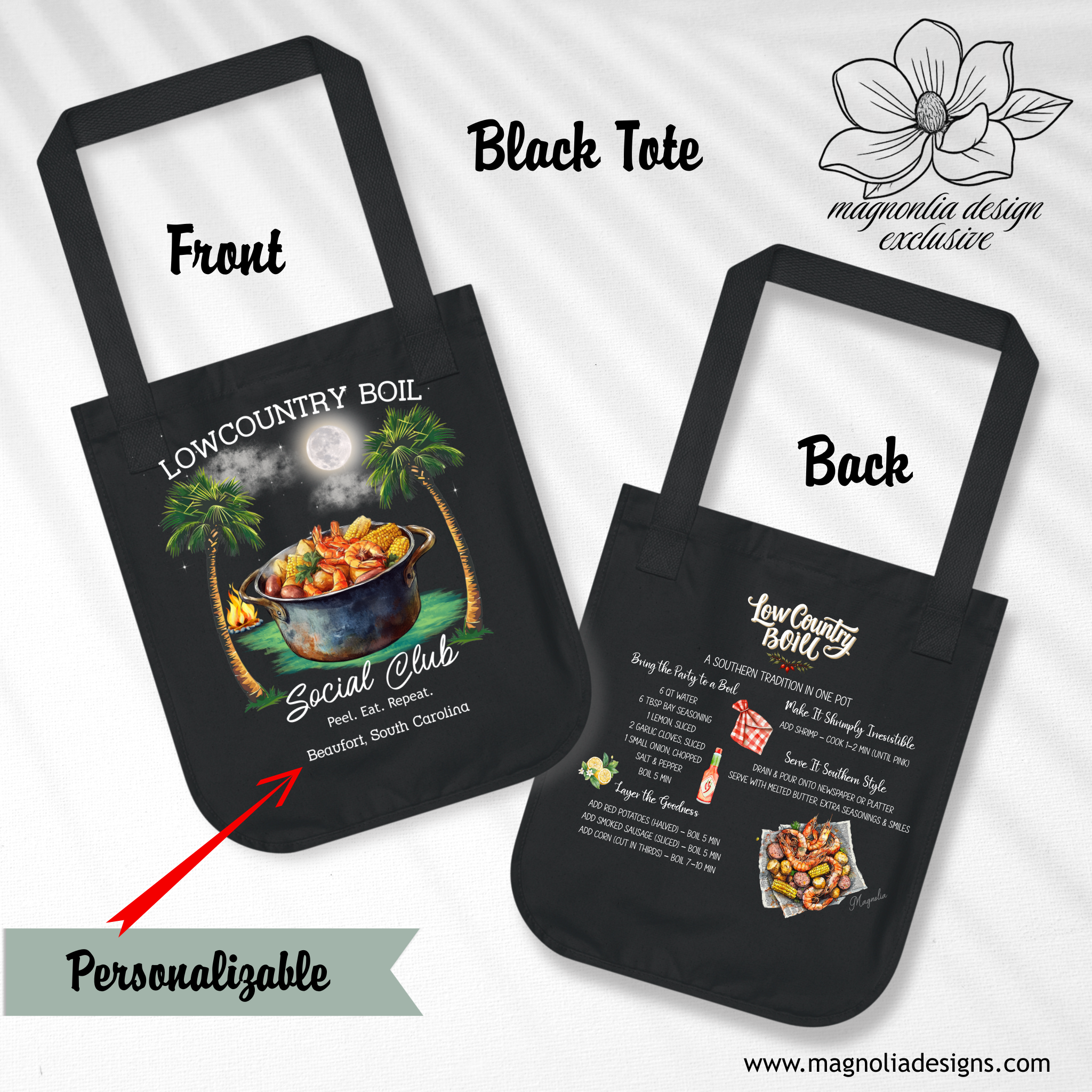 Lowcountry Boil at Night Tote | Eco-Friendly Black Canvas Tote with Southern Lowcountry Charm – Beach, Market, or Everyday Carryall product thumbnail image