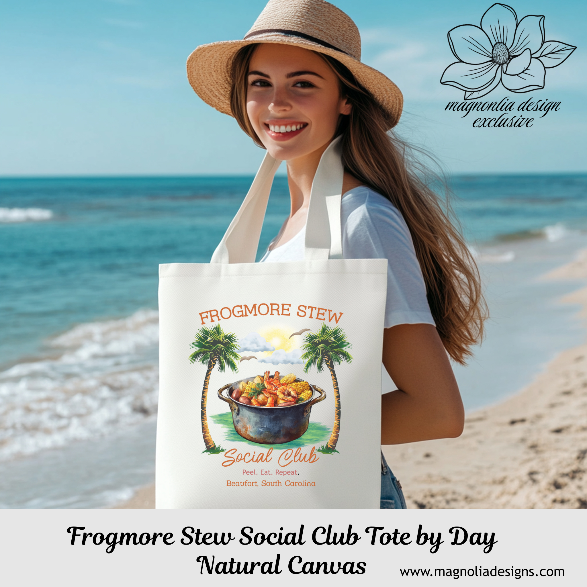 Frogmore Stew by Day Tote | Eco-Friendly Black Canvas Tote with Southern Lowcountry Charm – Beach, Market, or Everyday Carryall