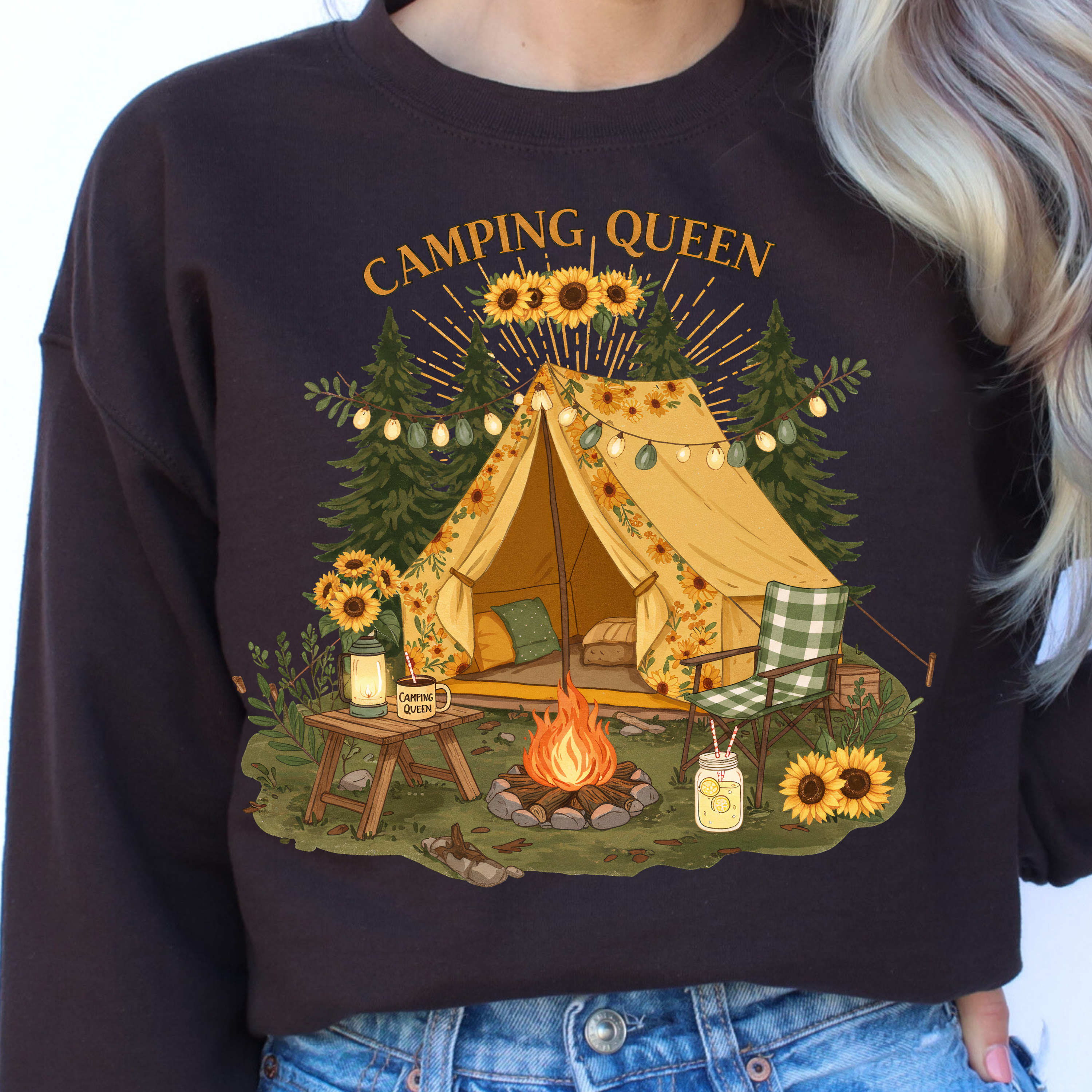 CAMPING QUEEN tent with sunflowers campfire vintage design 