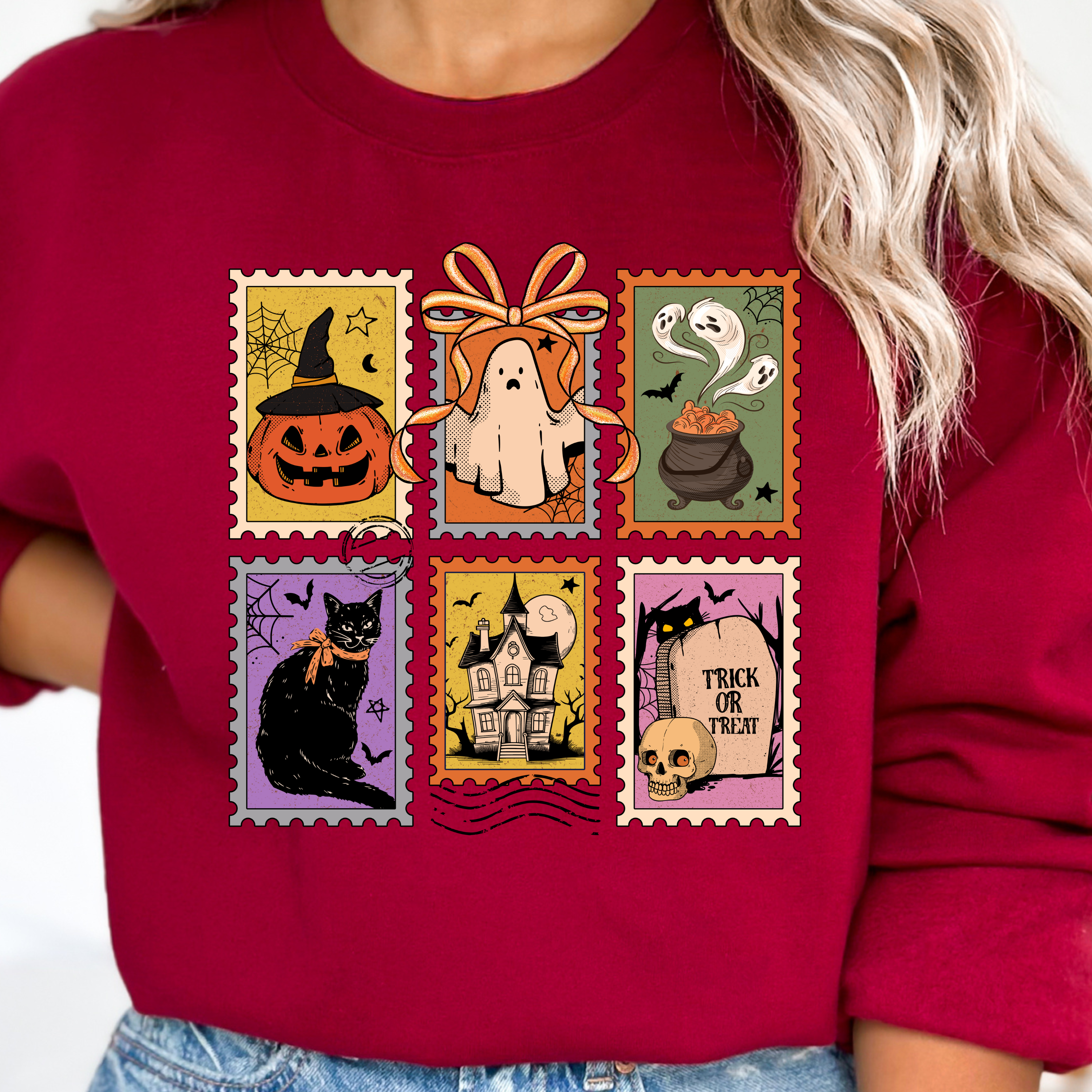 Halloween vintage stamps sweatshirt Fall Ghost Pumpkin Cat