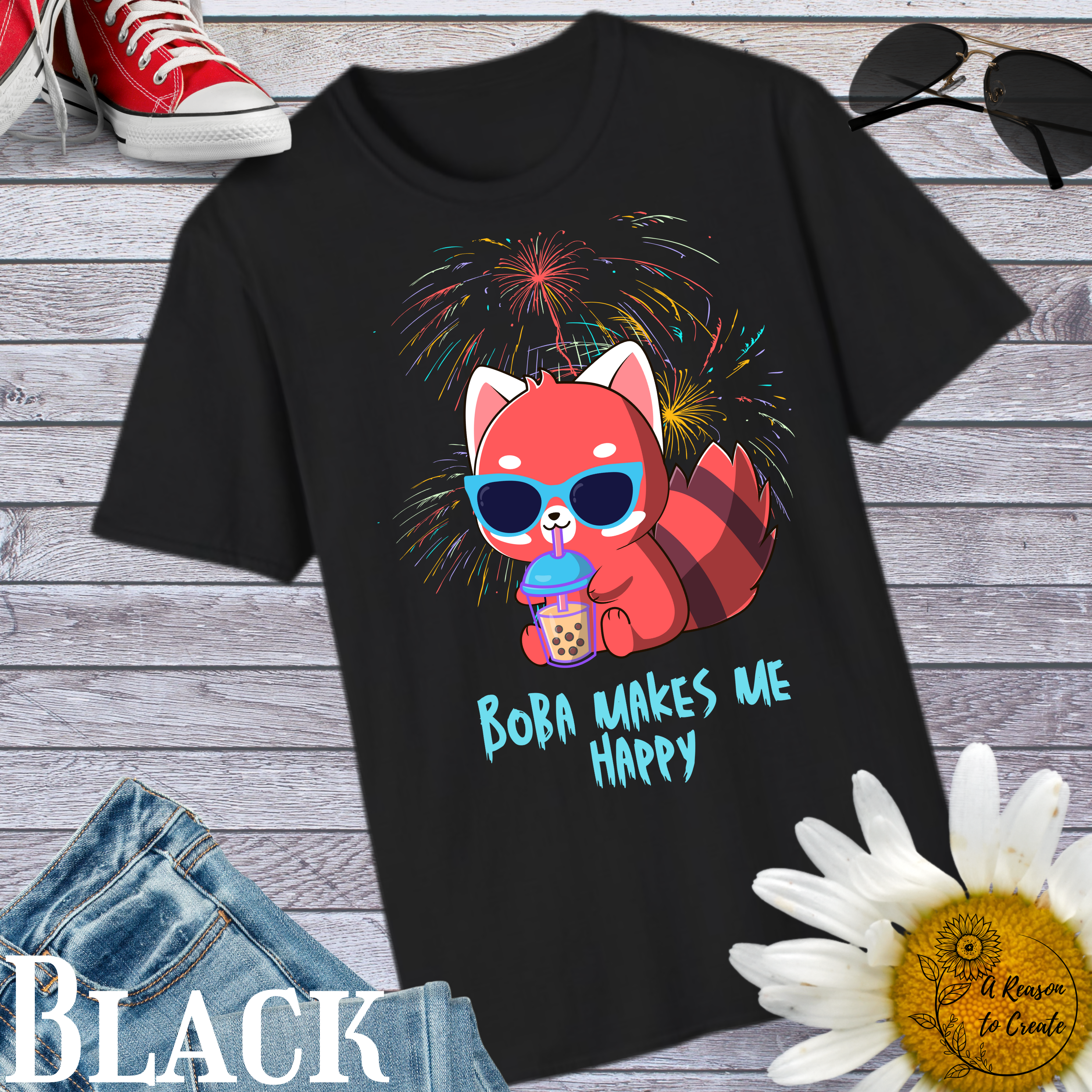 Bora Makes Me Happy Red Panda T-Shirt, Cute Animal Tee, Gift for Kids, Fun Summer Shirt, Unisex Graphic Tee product thumbnail image